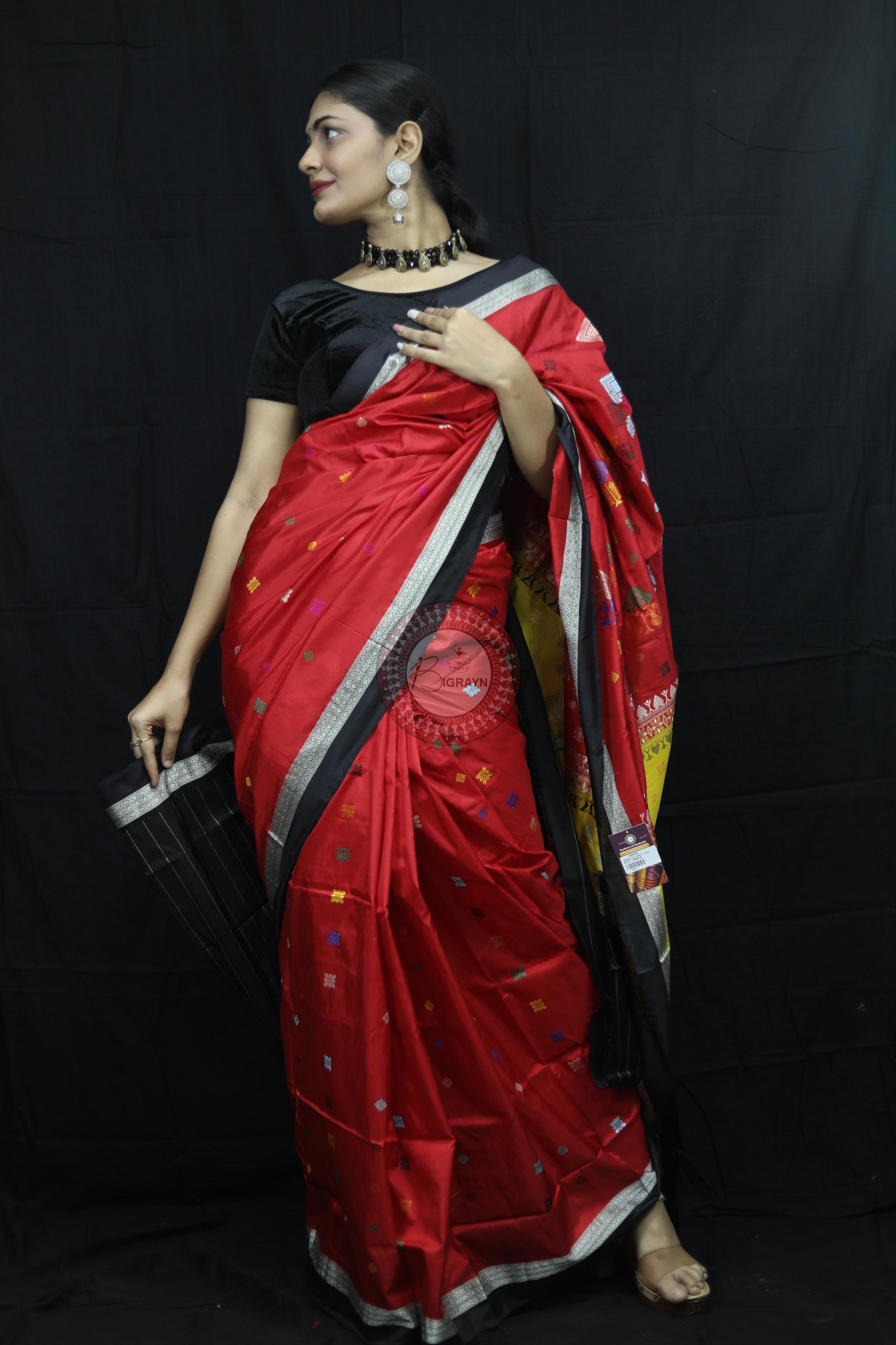 Red Black Teracotta Bomkai Silk Saree Silk Saree