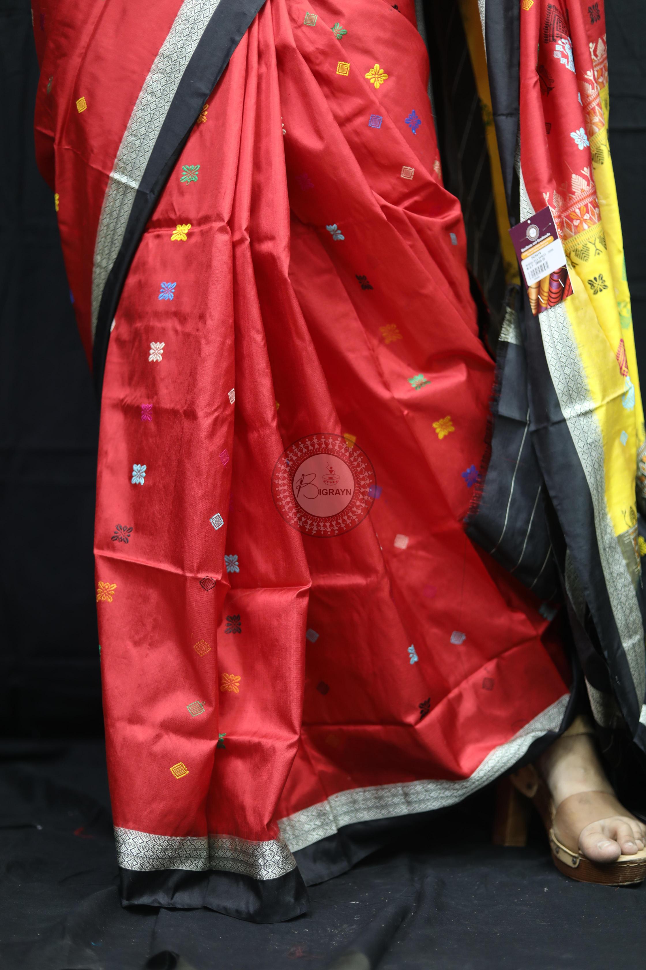 Red Black Teracotta Bomkai Silk Saree Silk Saree