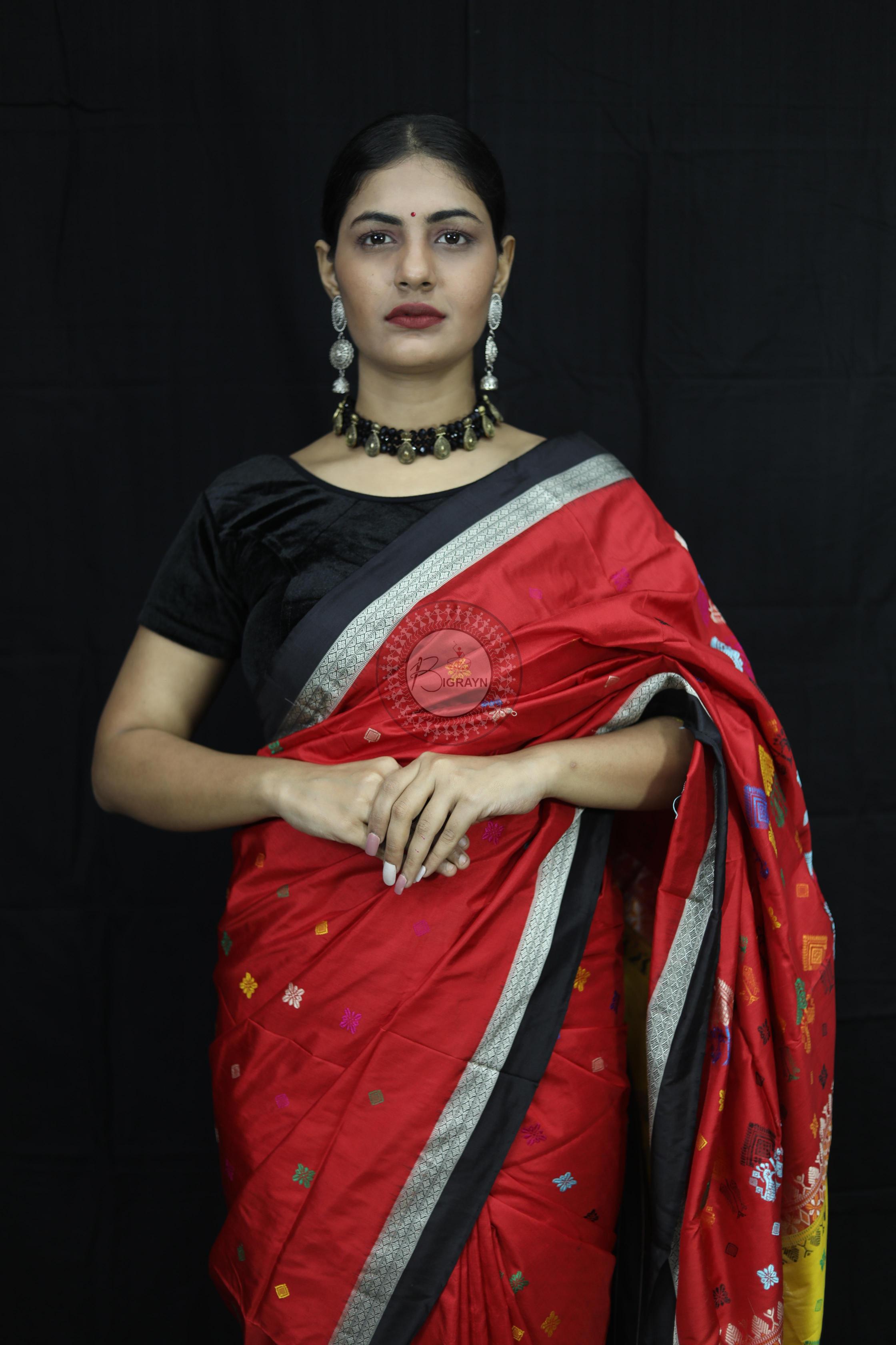 Red Black Teracotta Bomkai Silk Saree Silk Saree
