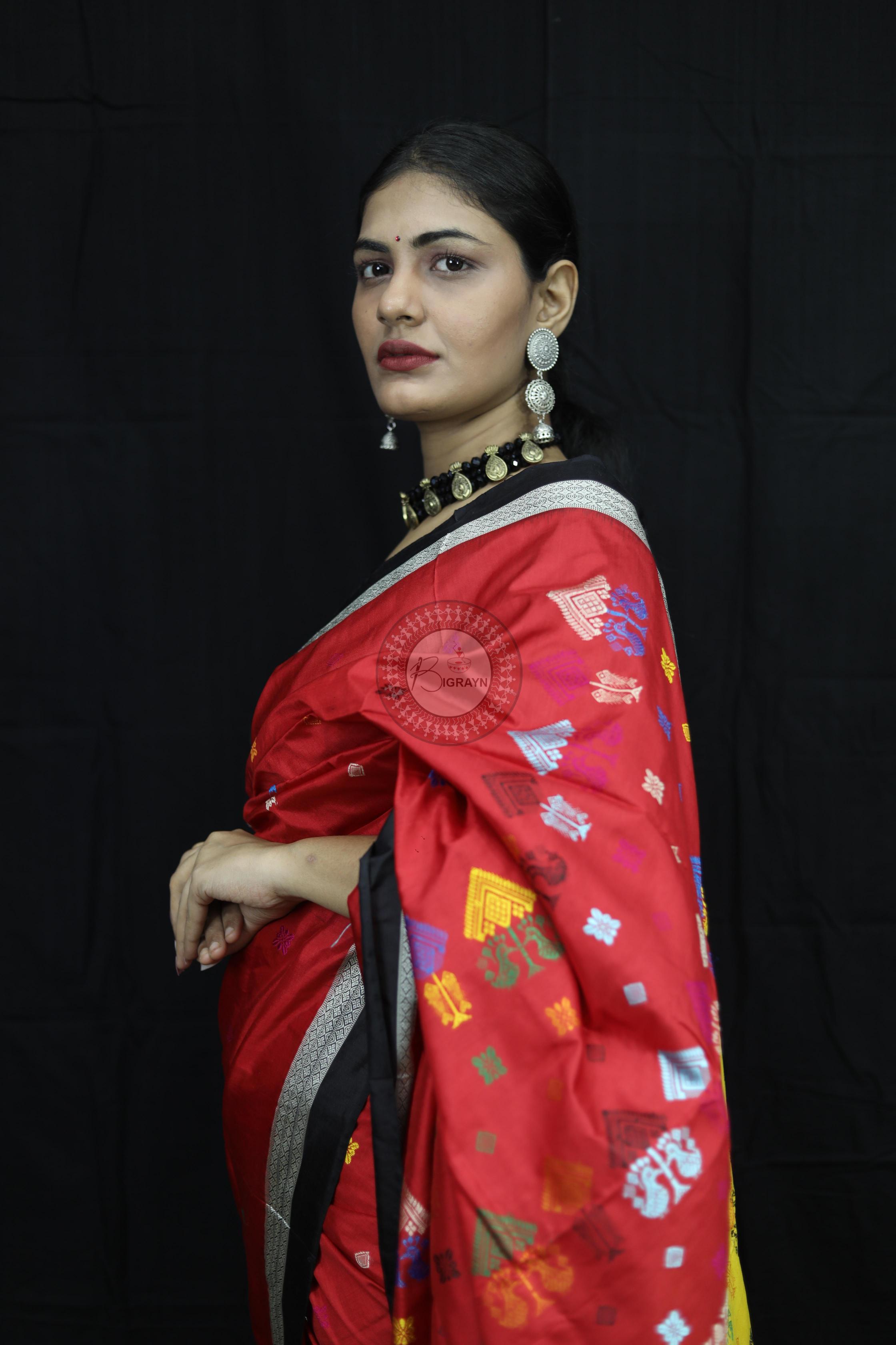 Red Black Teracotta Bomkai Silk Saree Silk Saree