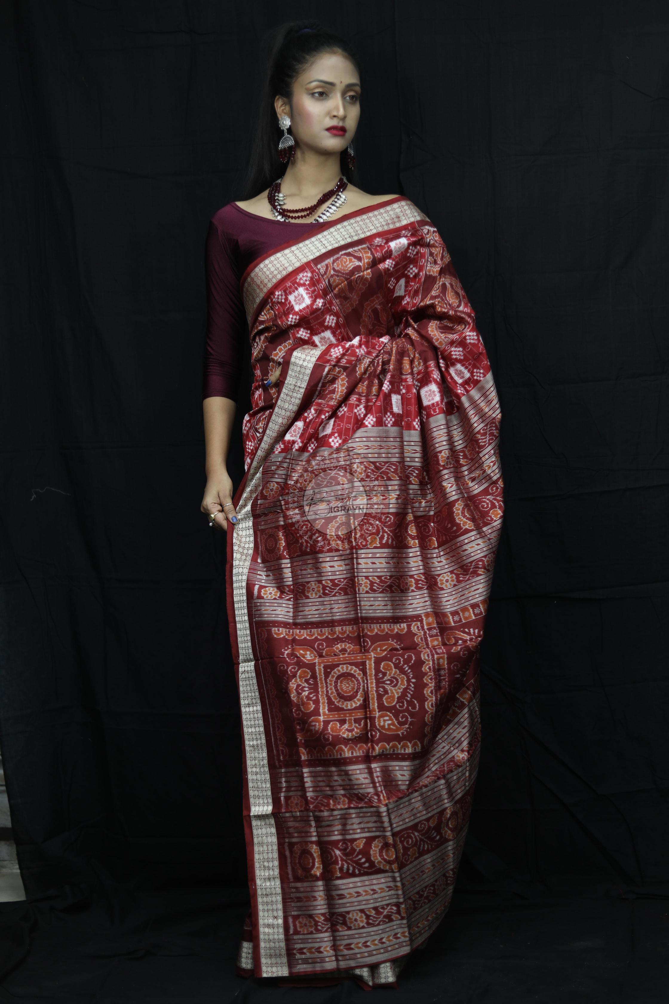 Maroon Pasapali Konark Chakra Sambalpuri Silk Saree