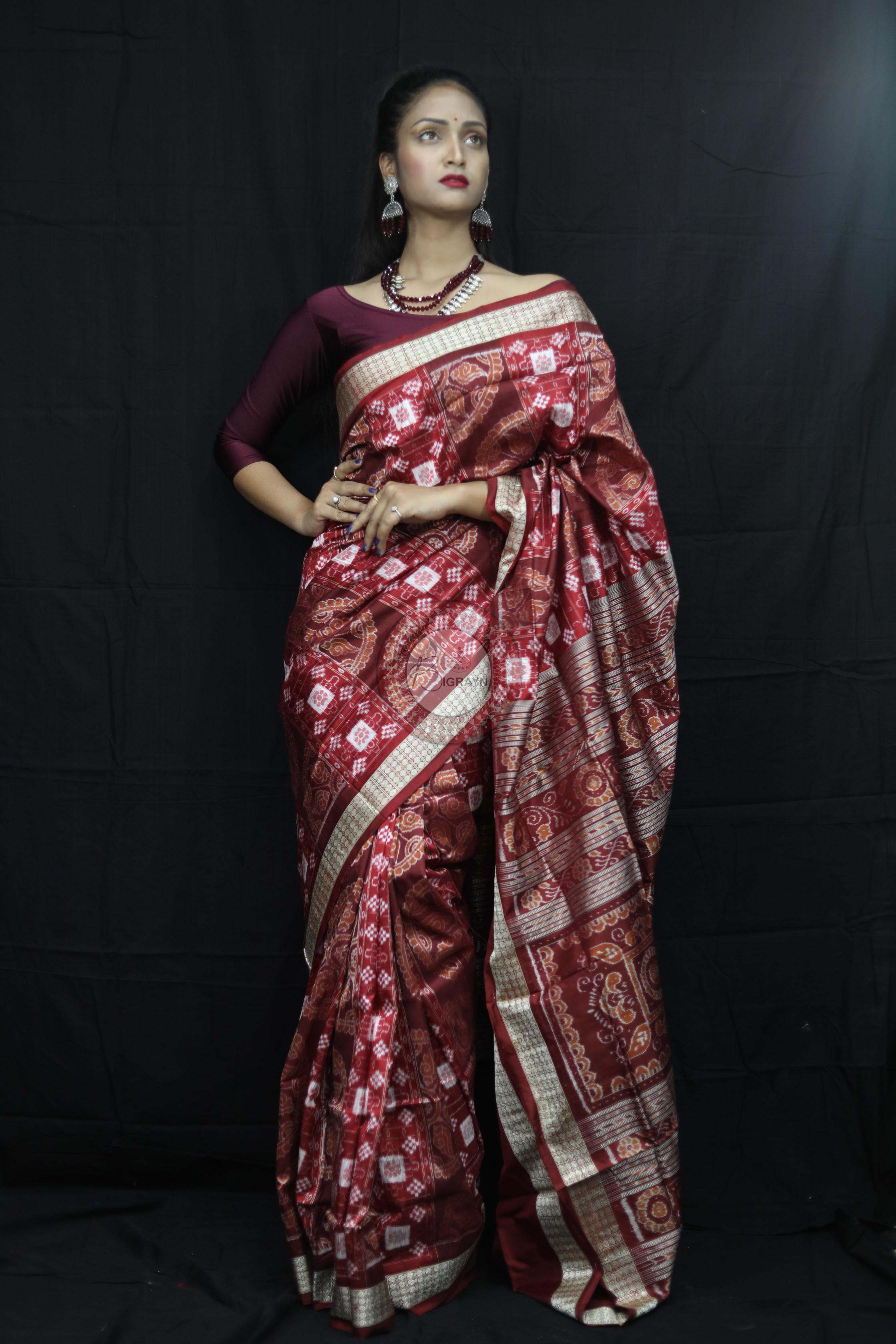 Maroon Pasapali Konark Chakra Sambalpuri Silk Saree