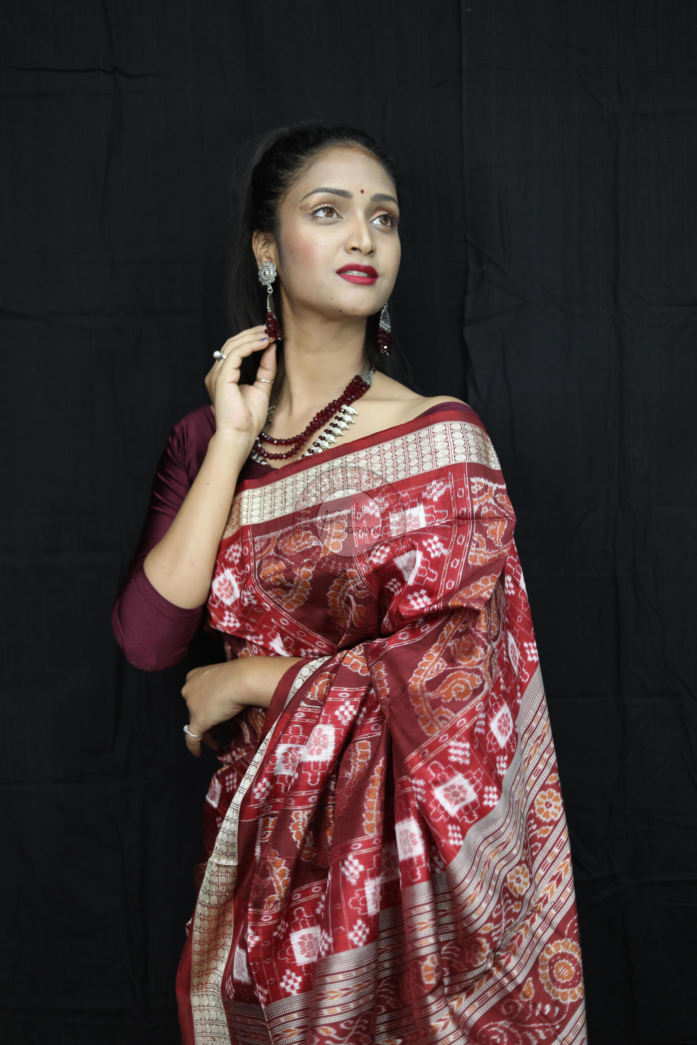 Maroon Pasapali Konark Chakra Sambalpuri Silk Saree