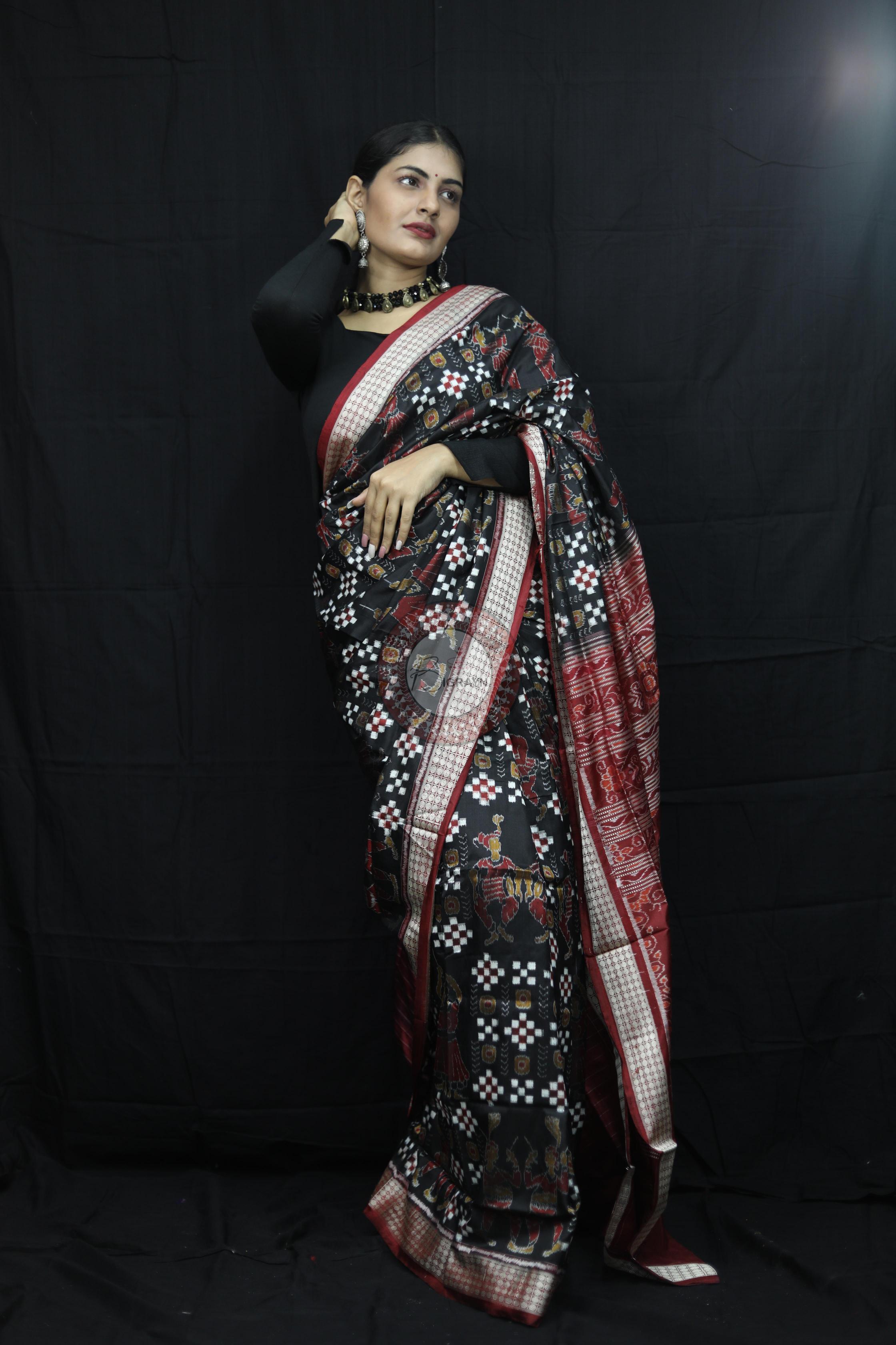 Black Red Pasapali With Dandia Sambalpuri Silk Saree