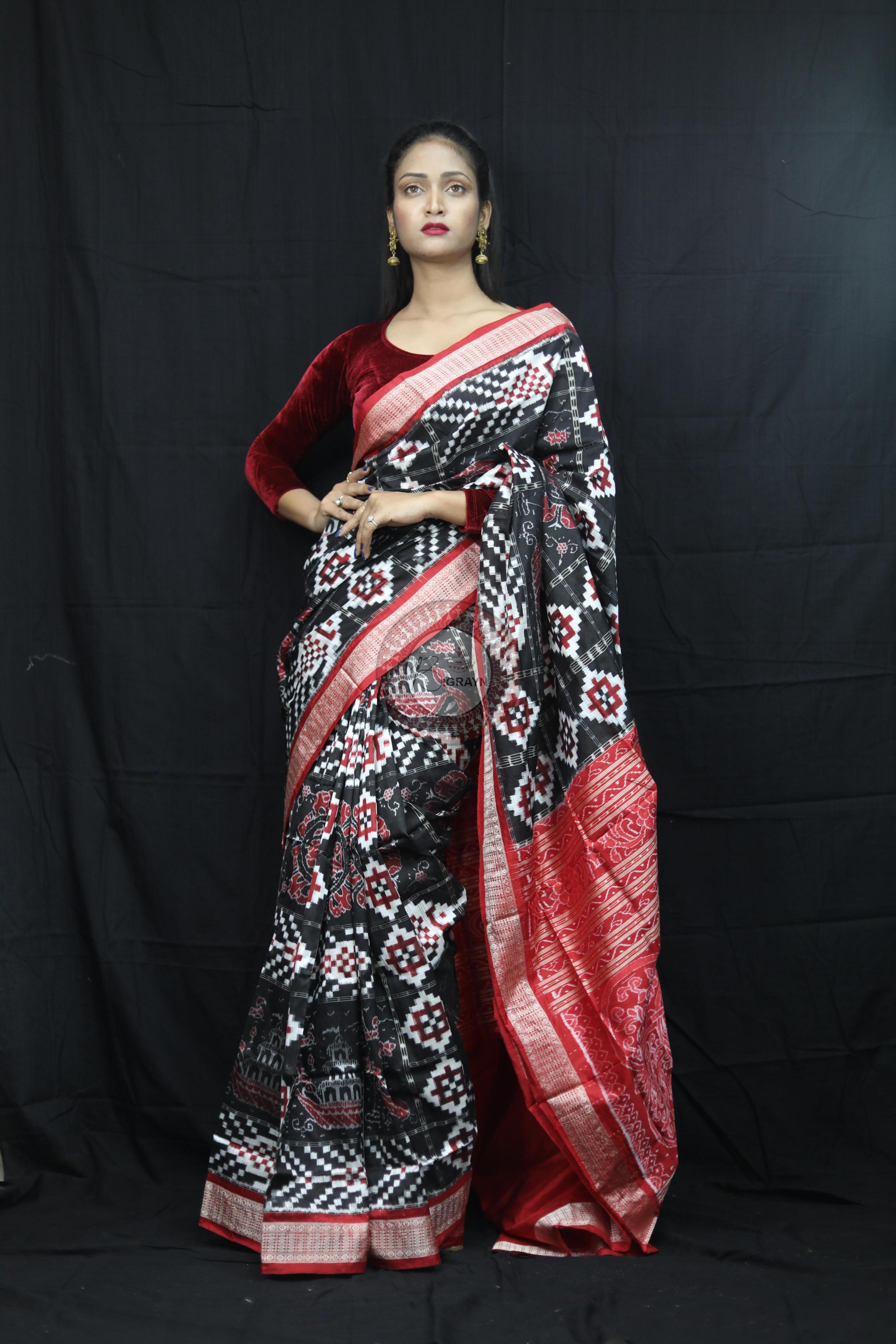 Black Red Fish Pattern Pasapali Sambalpuri Silk Saree