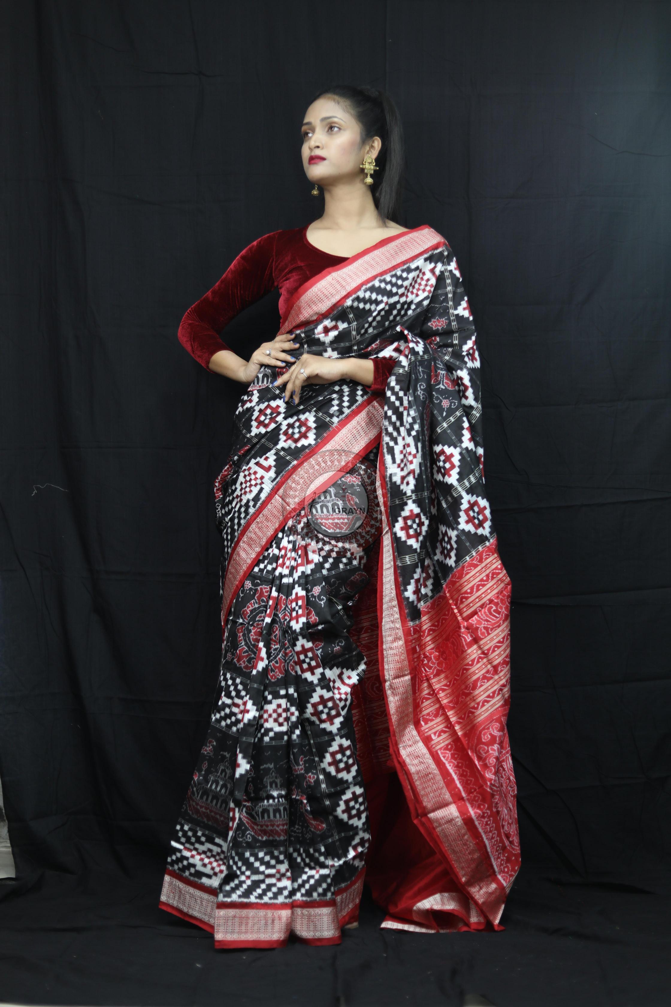 Black Red Fish Pattern Pasapali Sambalpuri Silk Saree