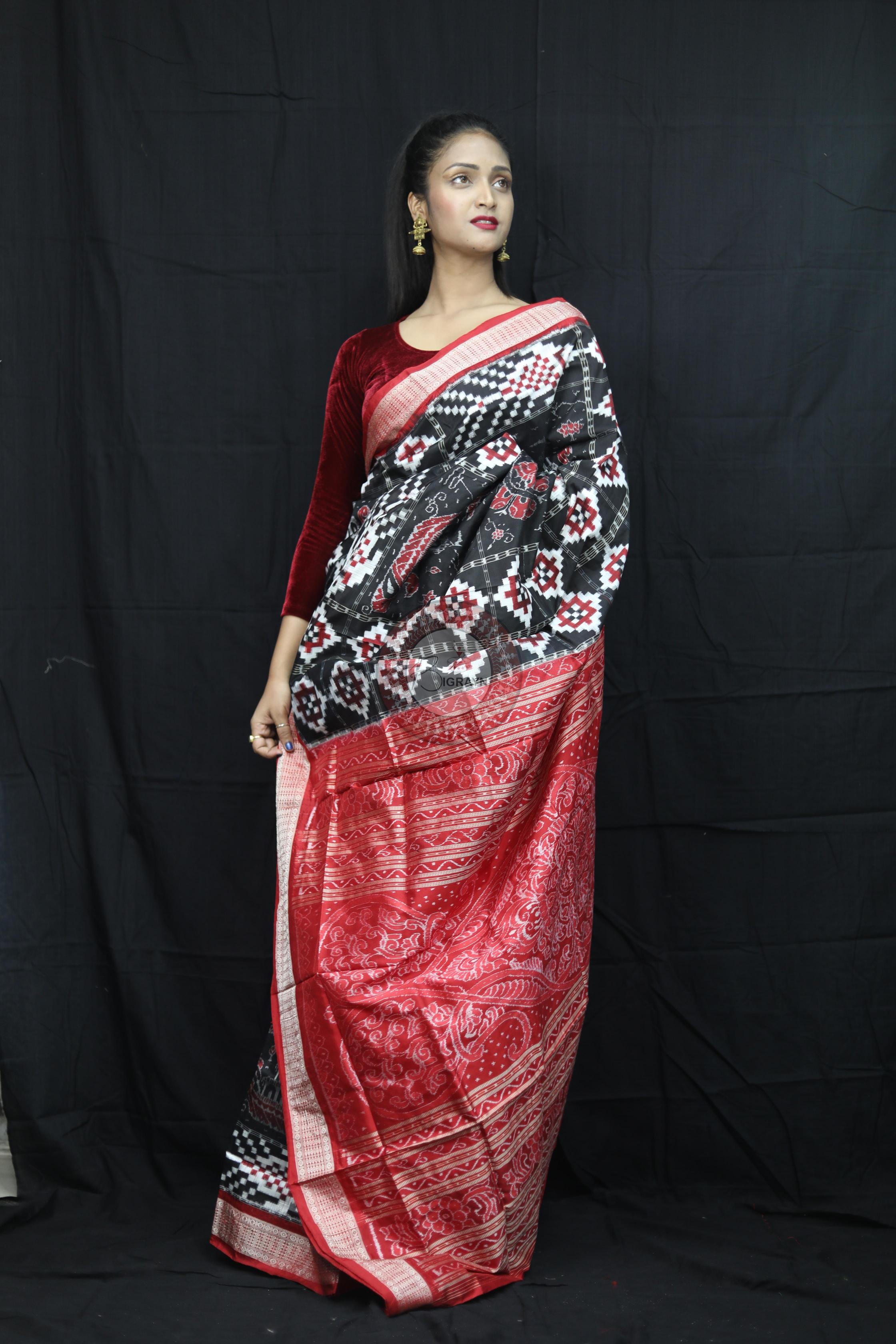 Black Red Fish Pattern Pasapali Sambalpuri Silk Saree