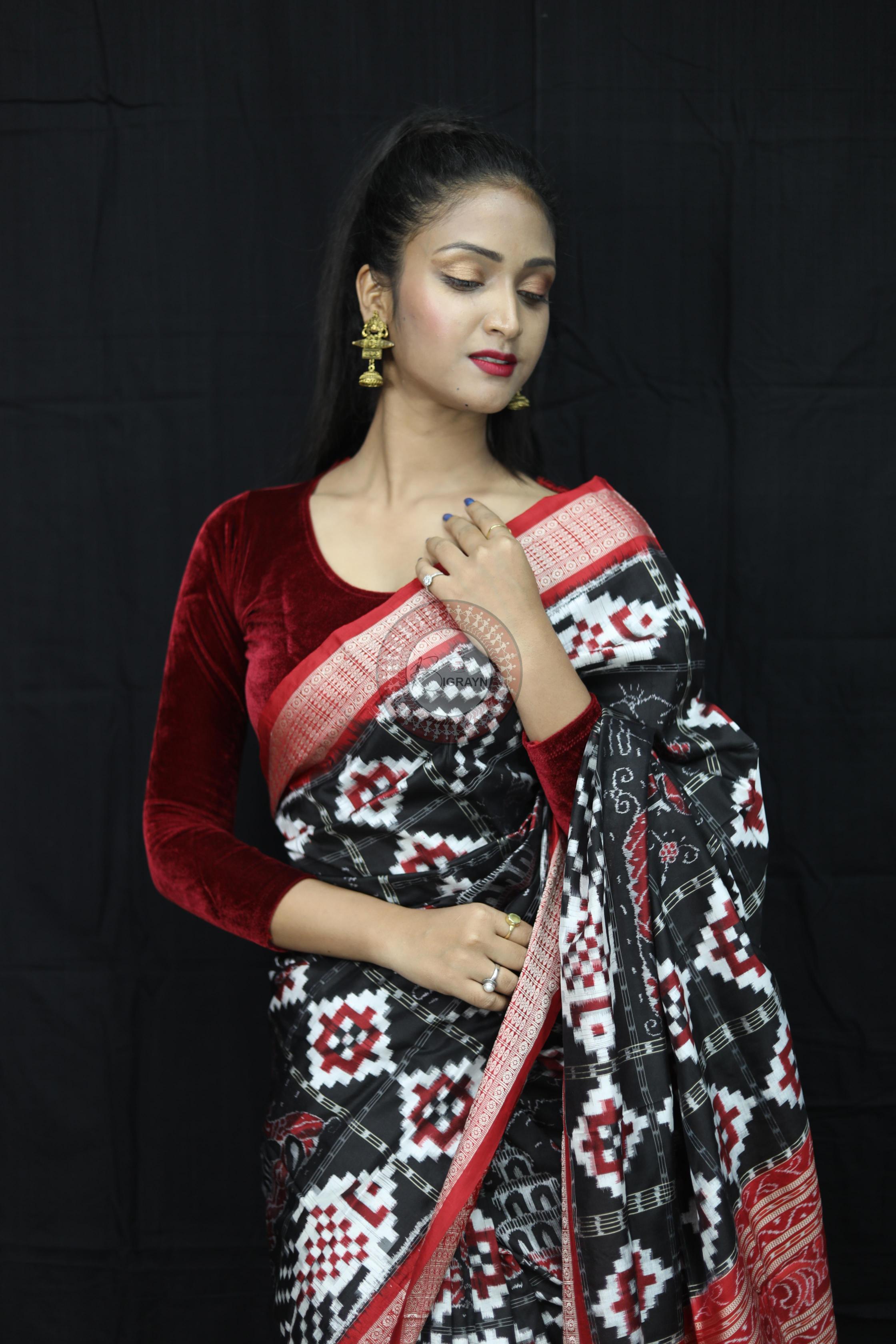 Black Red Fish Pattern Pasapali Sambalpuri Silk Saree