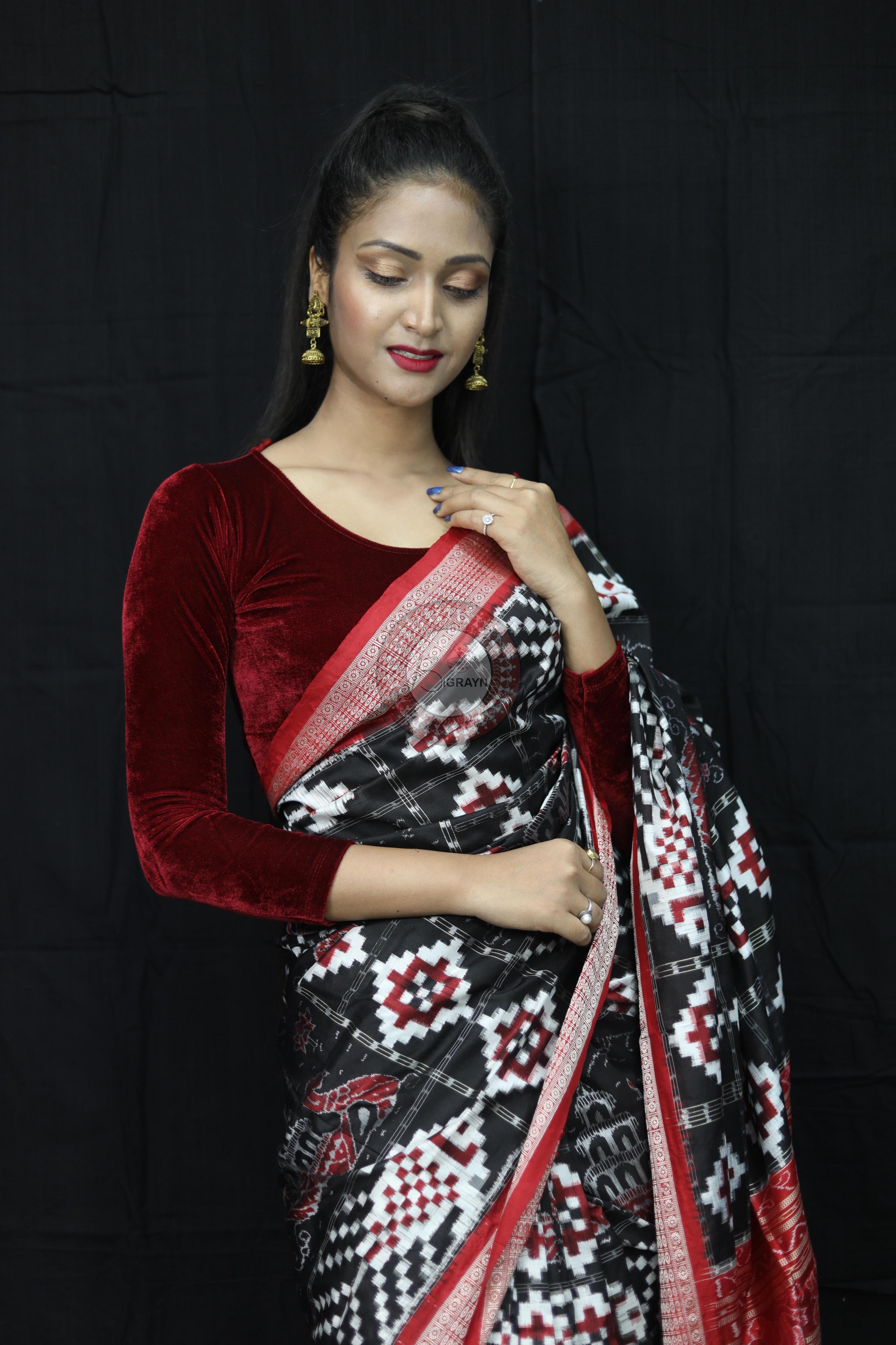 Black Red Fish Pattern Pasapali Sambalpuri Silk Saree