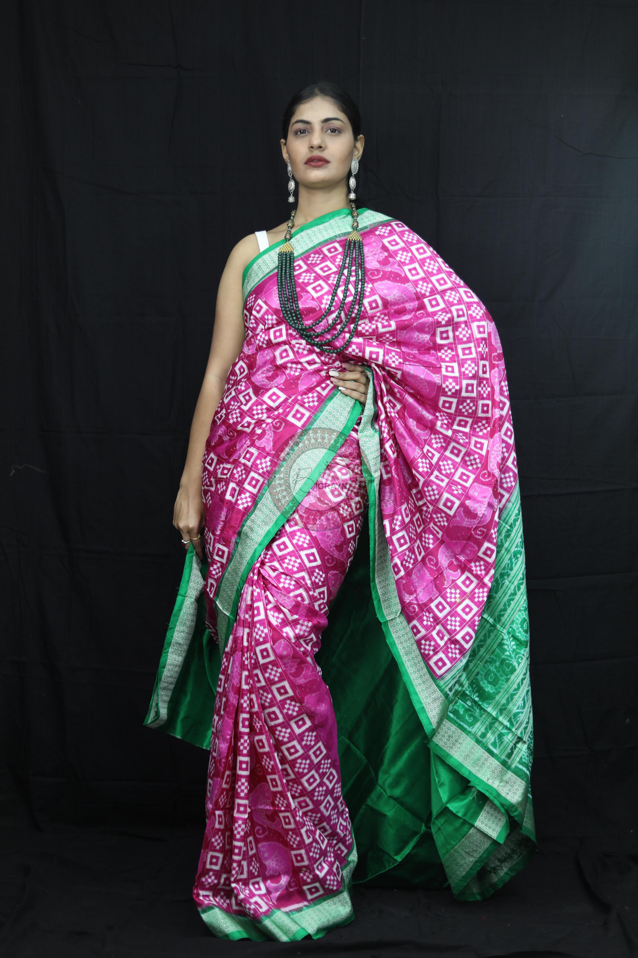 Pink Green Pasapali Sambalpuri Silk Saree