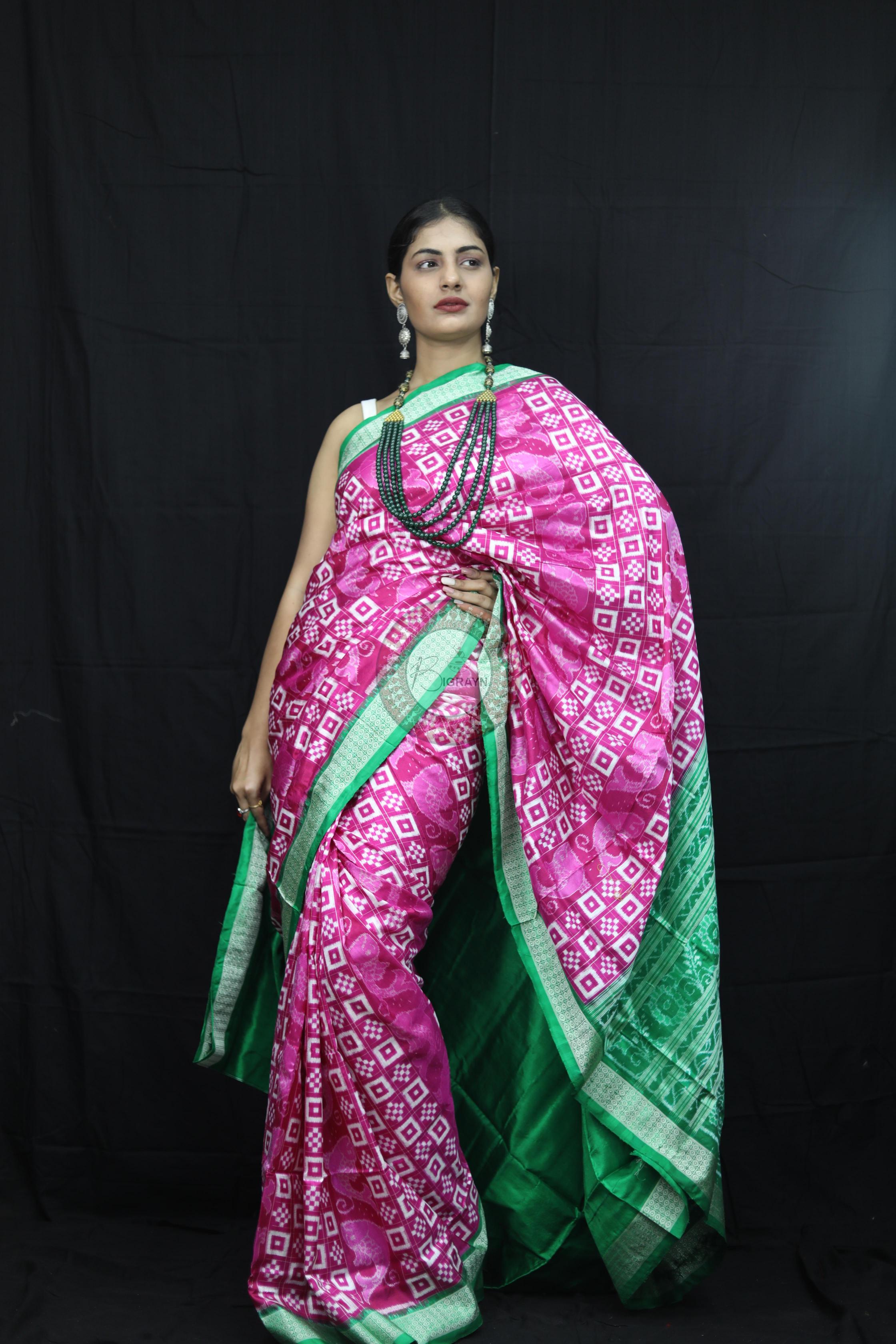 Pink Green Pasapali Sambalpuri Silk Saree