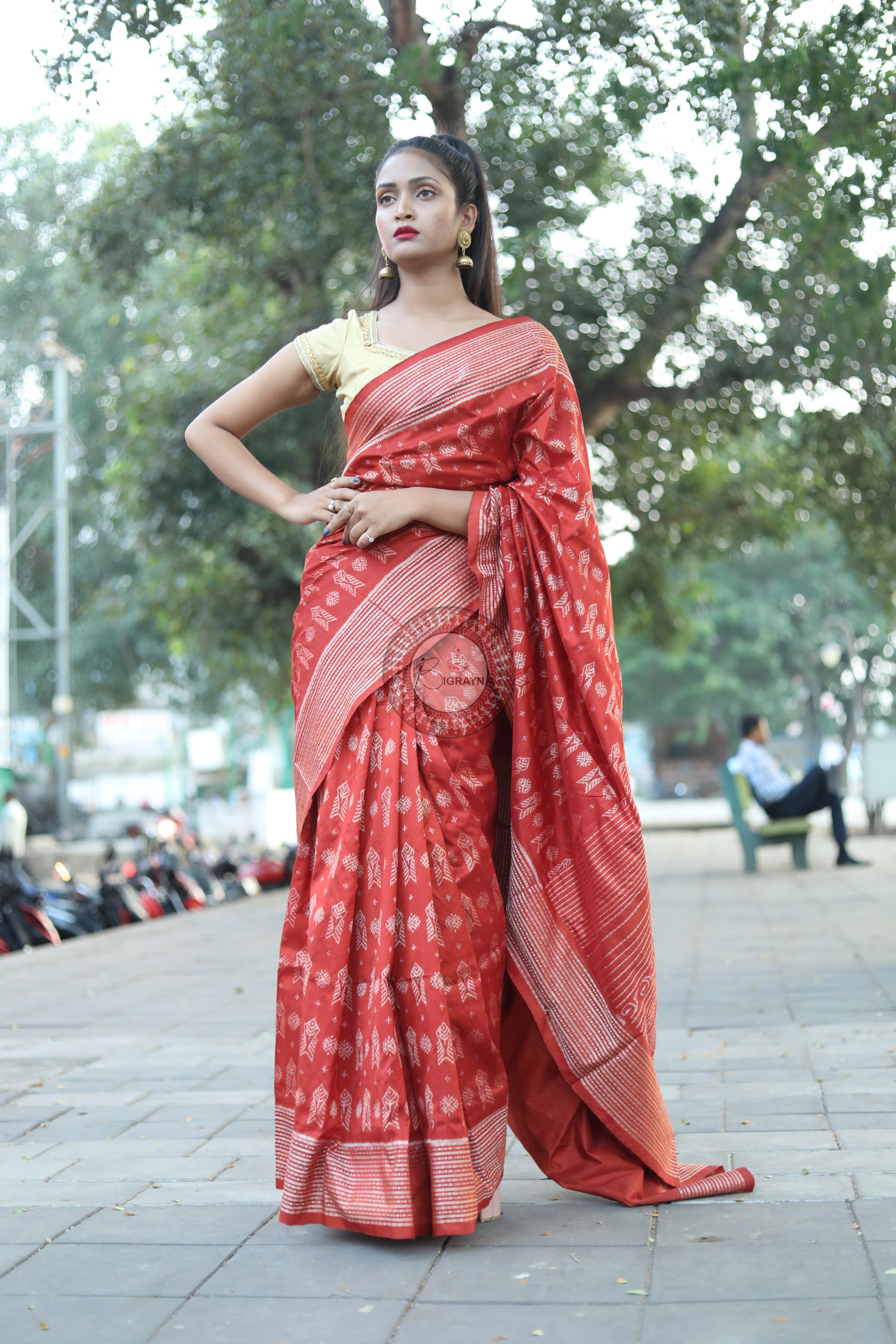 Brick Red Fish Natural Dye Sambalpuri Silk Saree