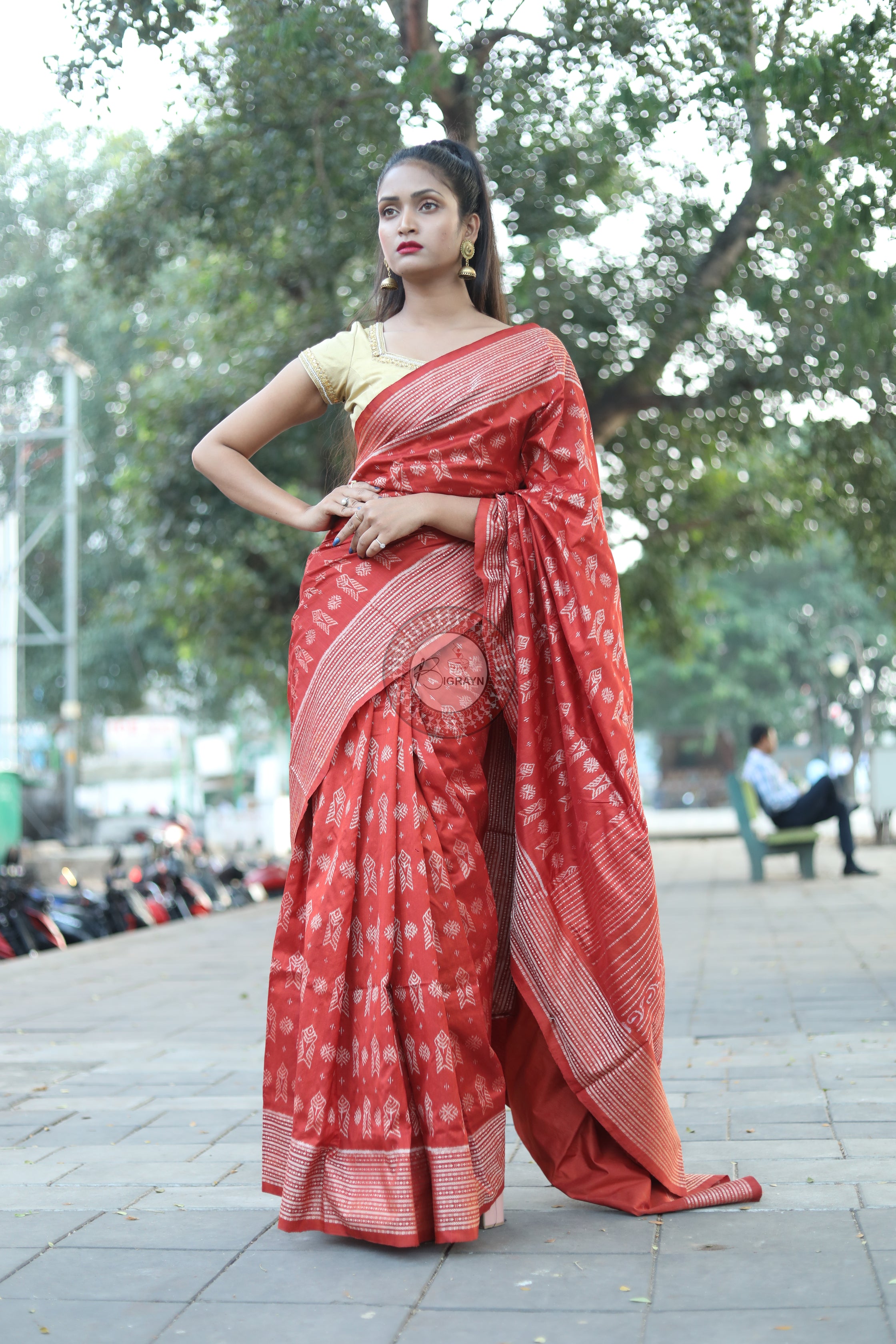 Brick Red Fish Natural Dye Sambalpuri Silk Saree