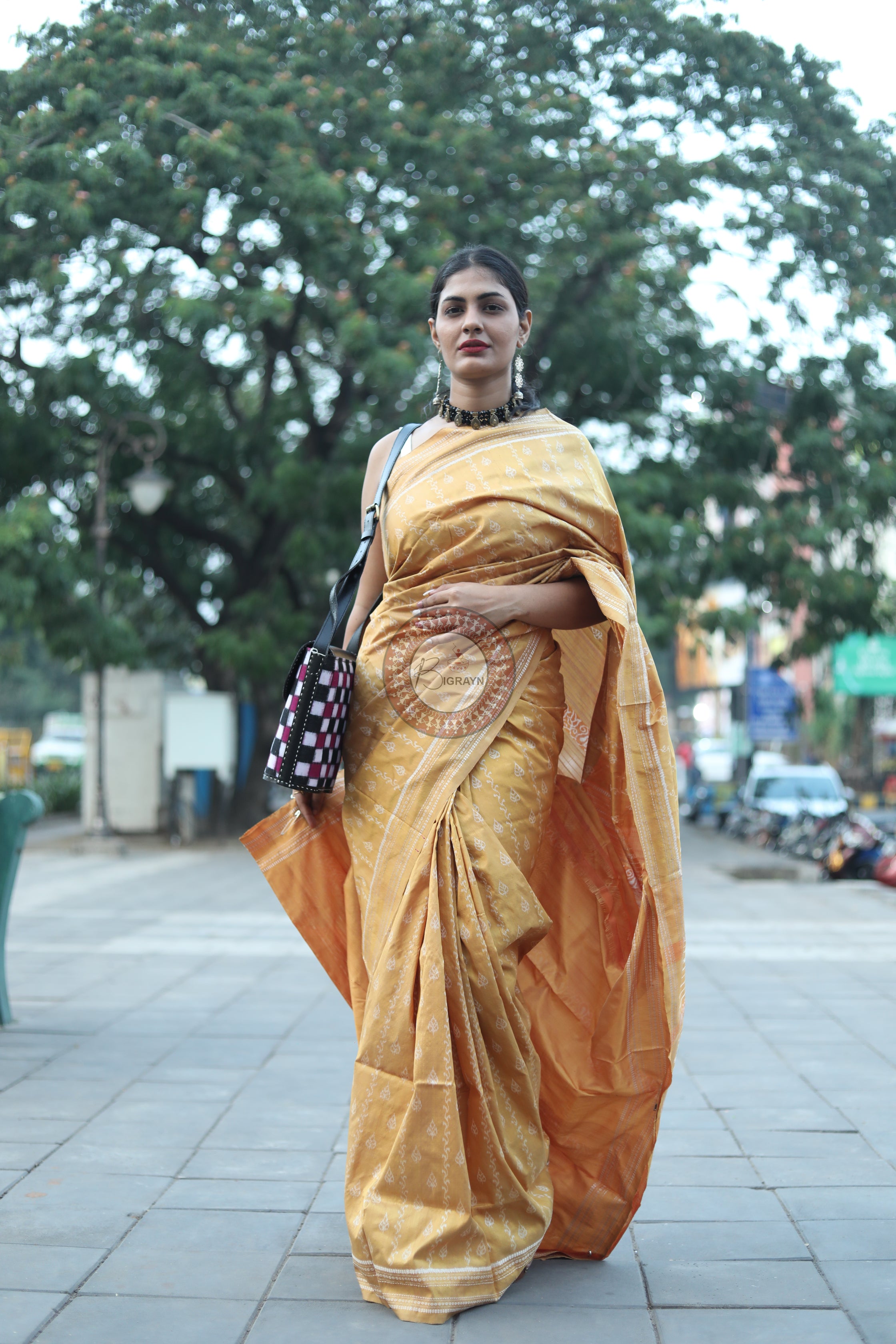 Pastel Yellow Leaves Natural Dye Sambalpuri Silk Saree