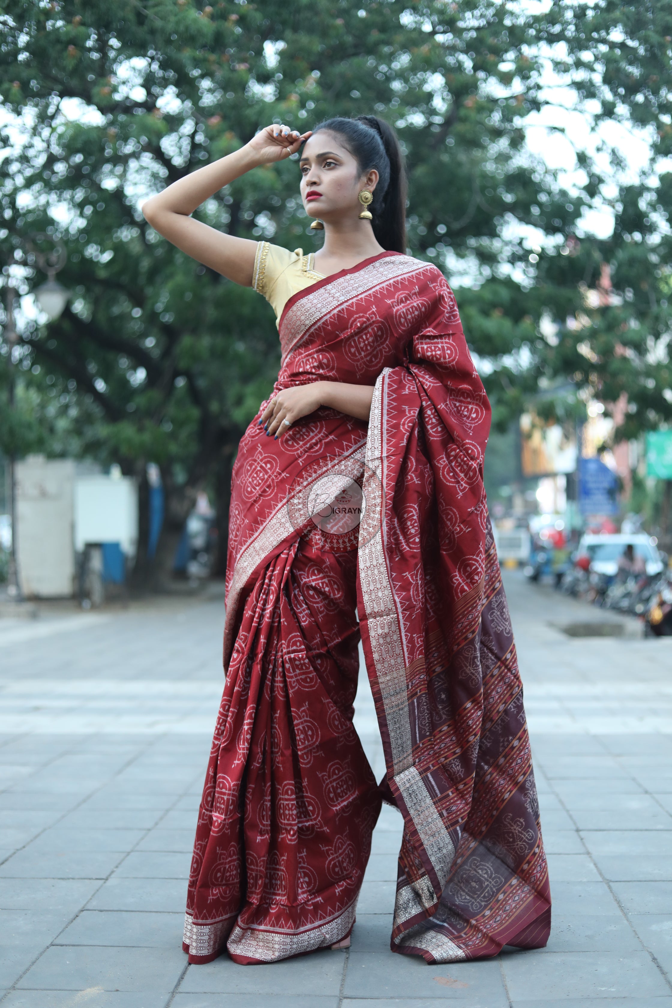 Maroon Laxmi Yantra Natural Dye Saree
