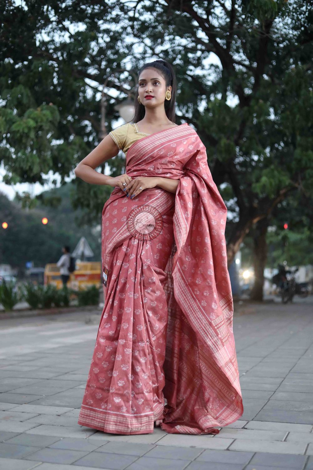 Peach Pink Lotus Design Natural Dye Sambalpuri Silk Saree