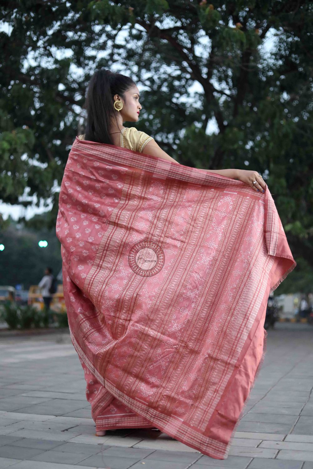 Peach Pink Lotus Design Natural Dye Sambalpuri Silk Saree