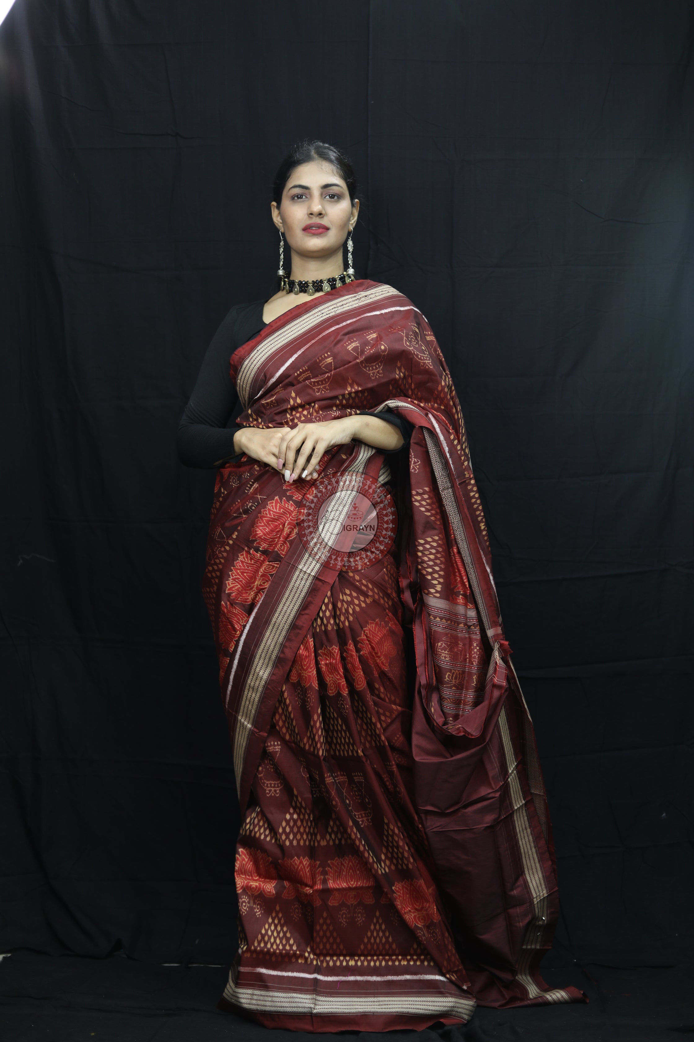 Brick Red Laxmi Pada Chitta Natural Dye Sambalpuri Silk Saree