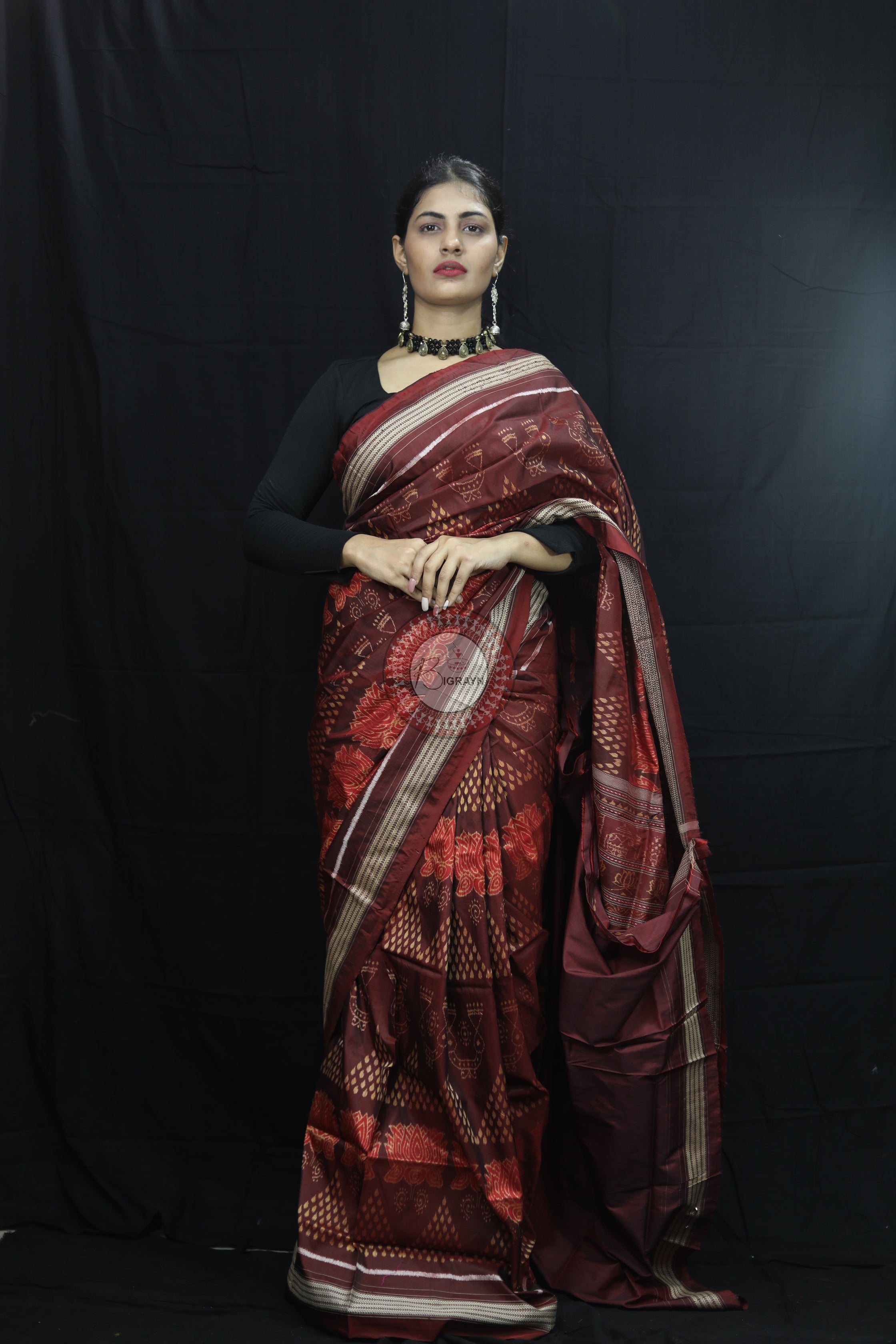Brick Red Laxmi Pada Chitta Natural Dye Sambalpuri Silk Saree