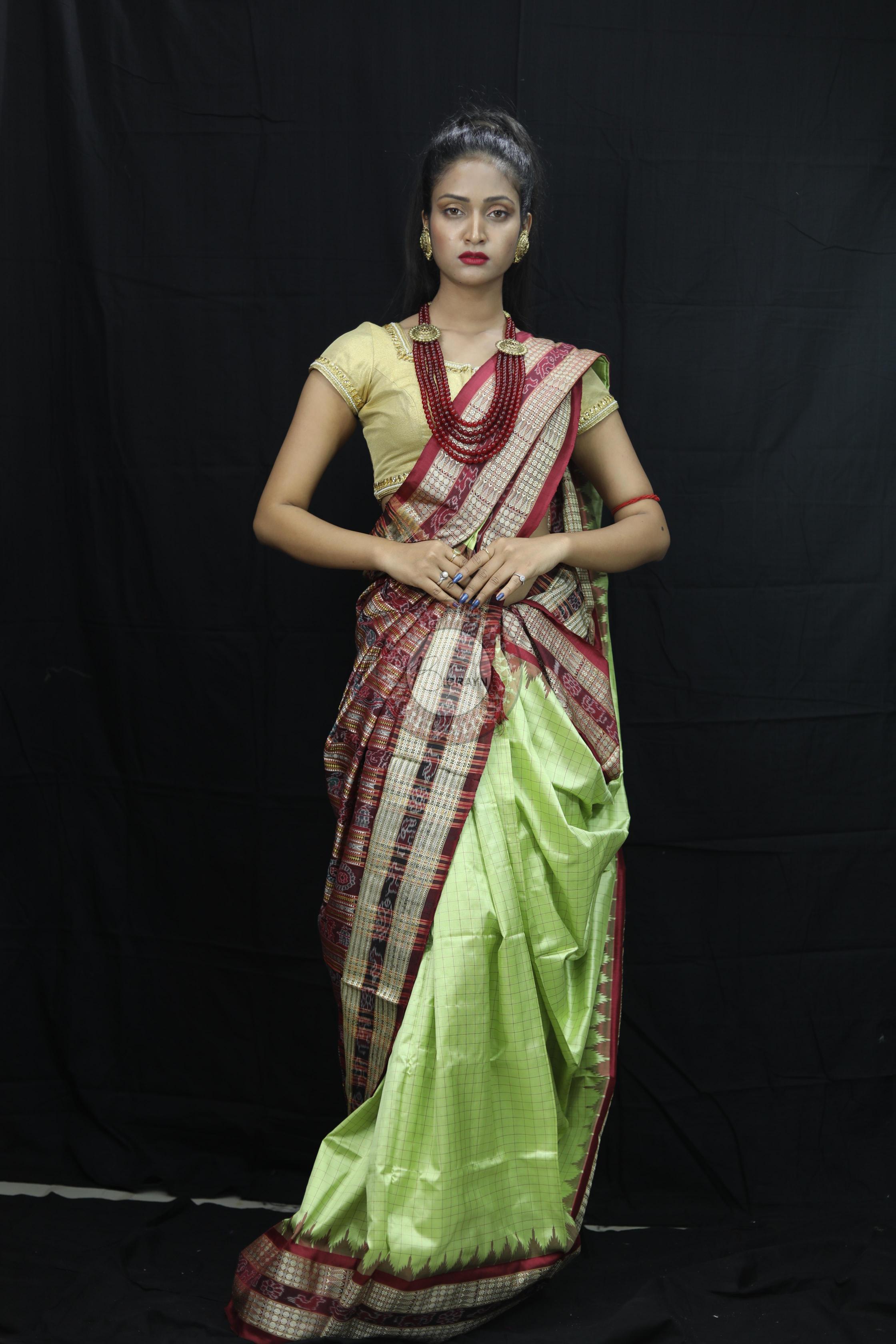 Pista Green Checks Sambalpuri Silk Saree
