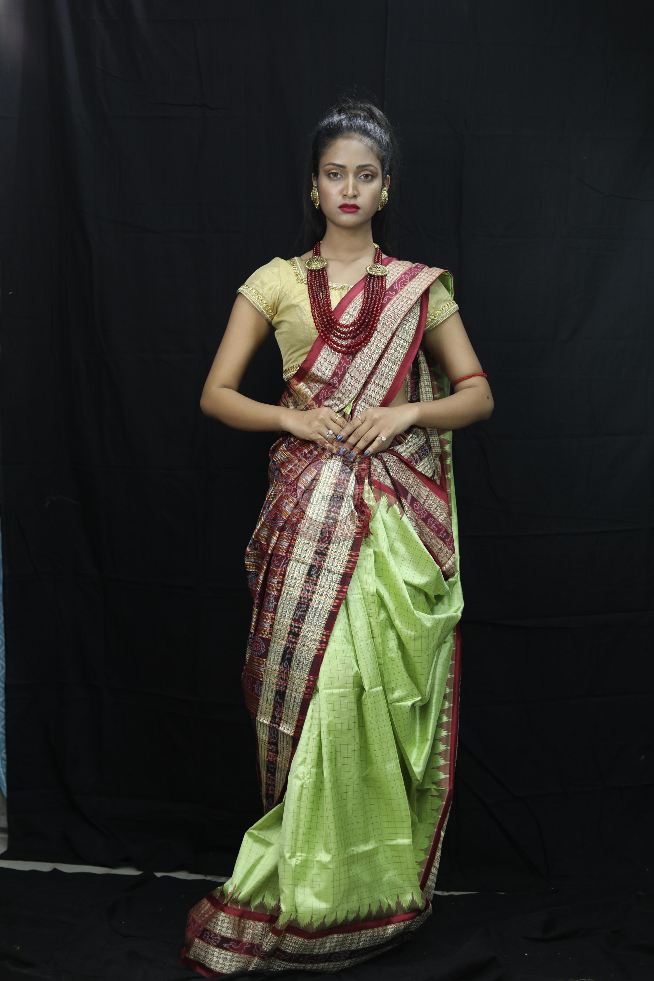 Pista Green Checks Sambalpuri Silk Saree