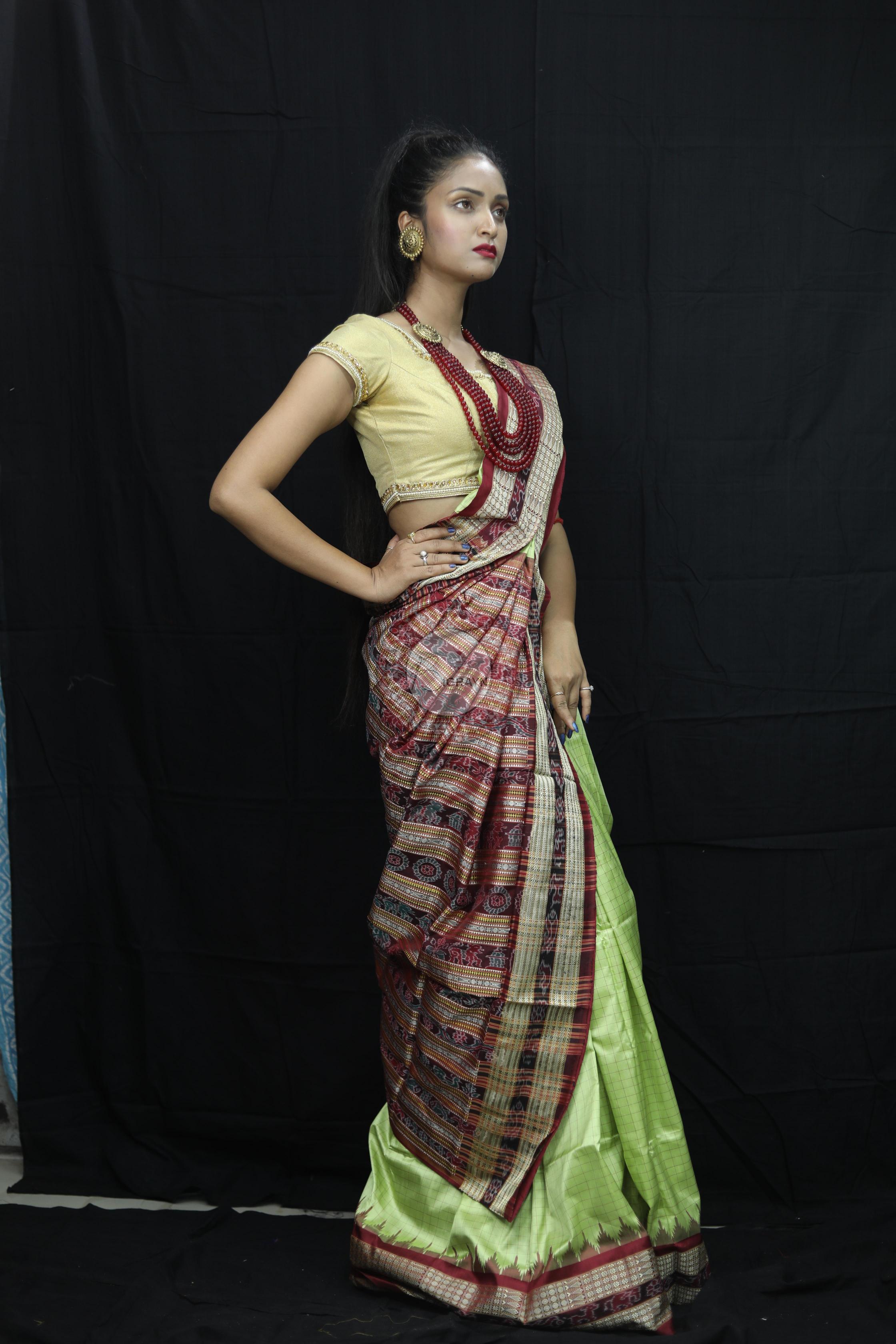 Pista Green Checks Sambalpuri Silk Saree