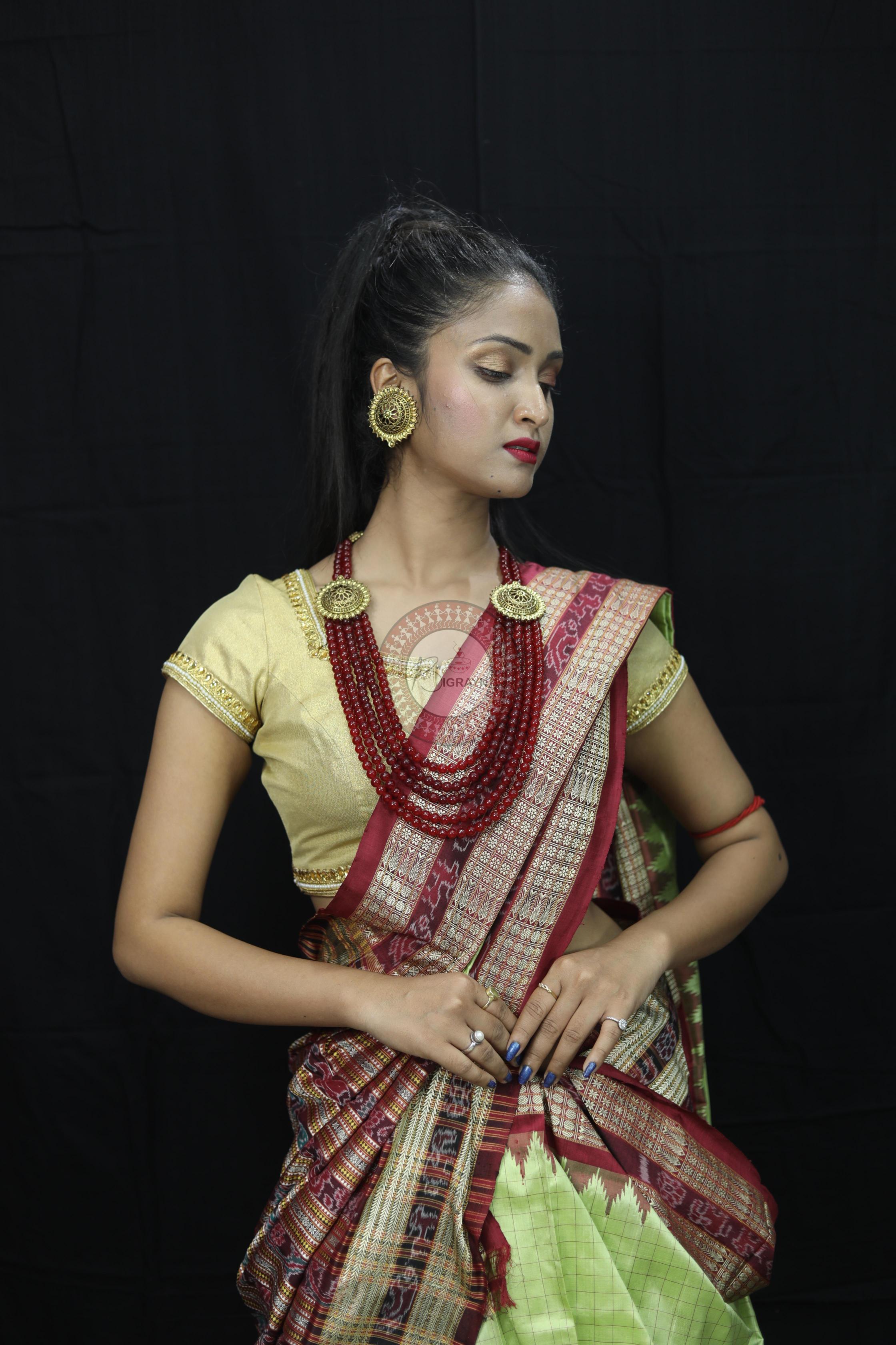 Pista Green Checks Sambalpuri Silk Saree