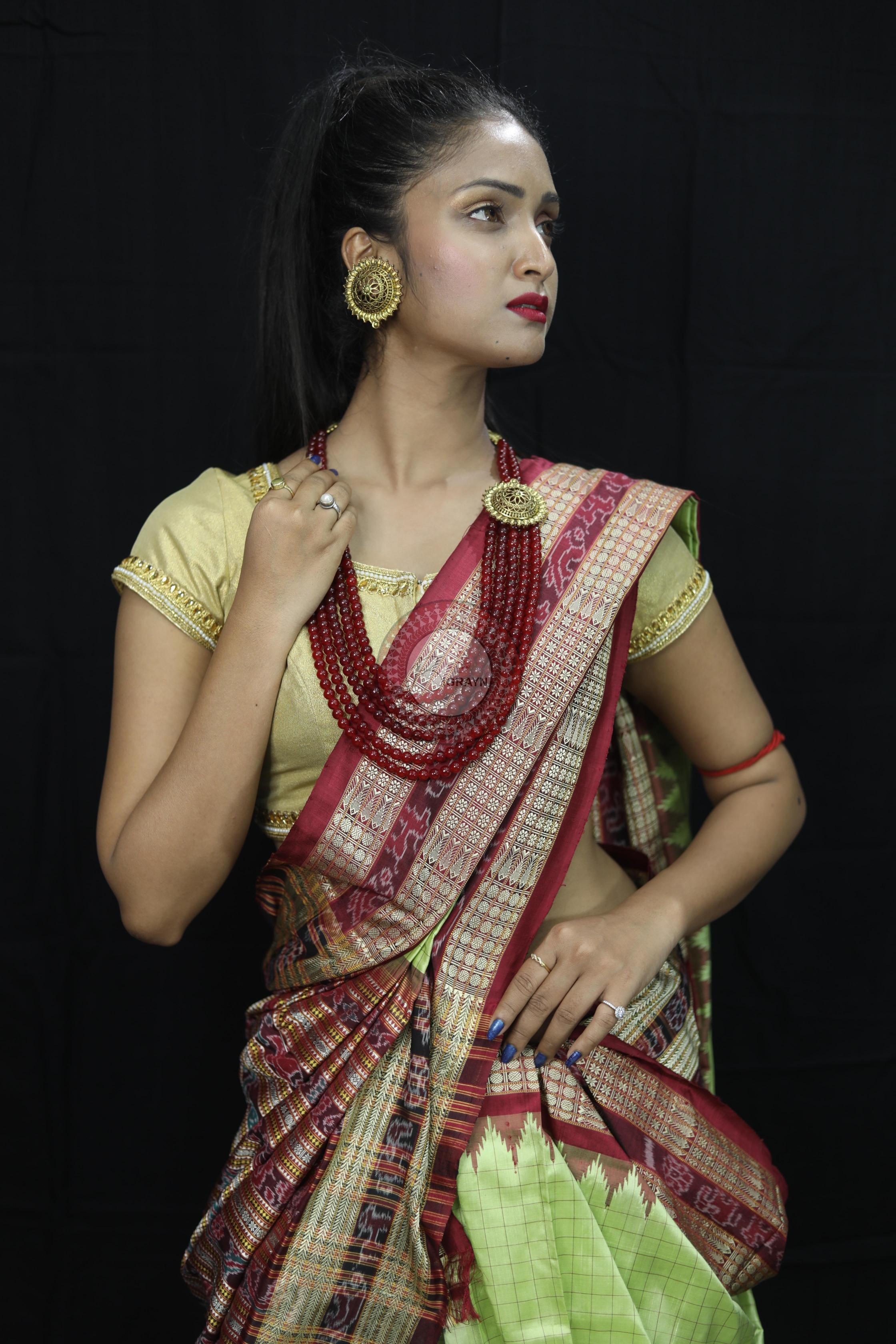 Pista Green Checks Sambalpuri Silk Saree