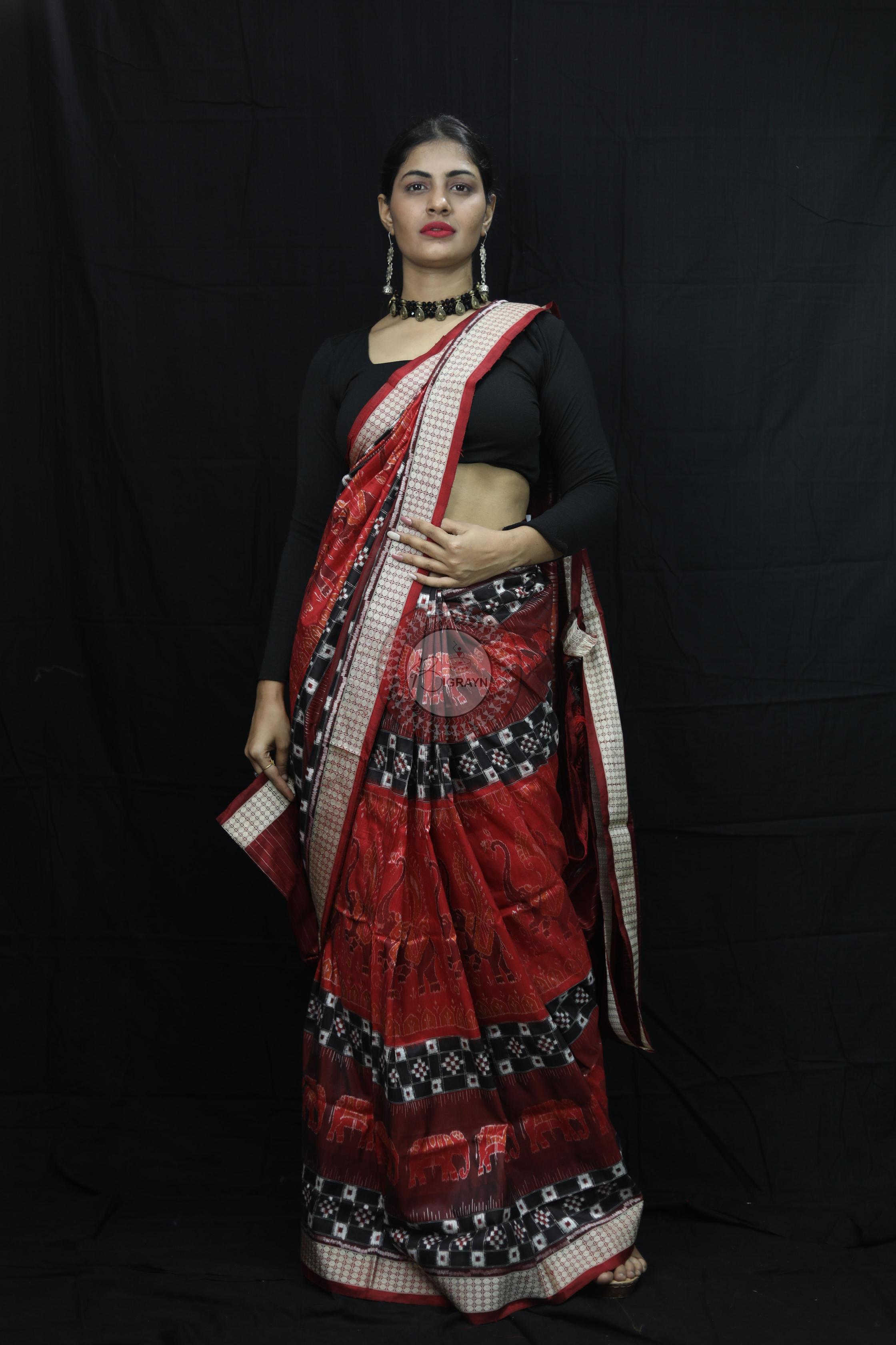 Maroon Pasapali Dual Elephants Sambalpuri Silk Saree