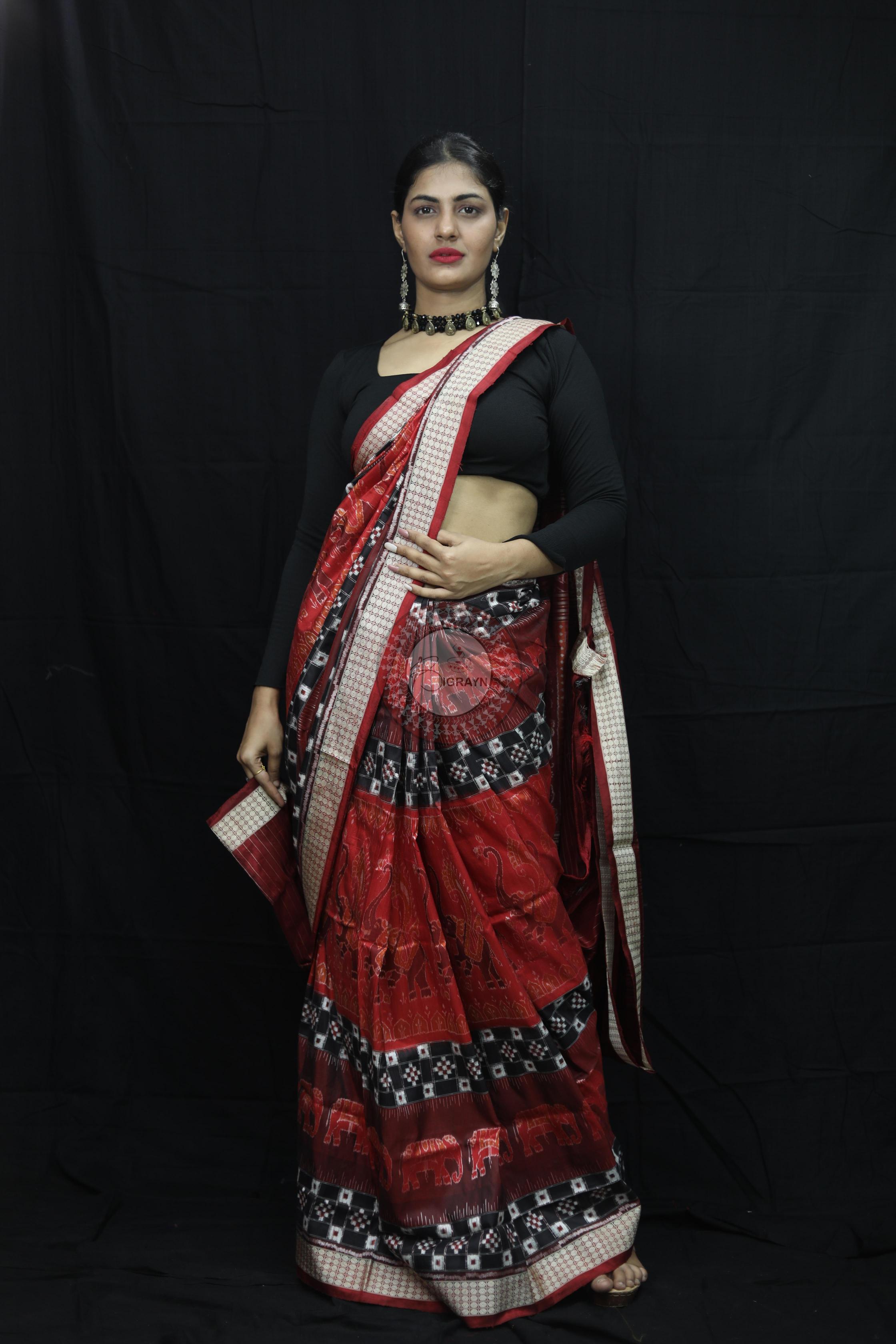 Maroon Pasapali Dual Elephants Sambalpuri Silk Saree