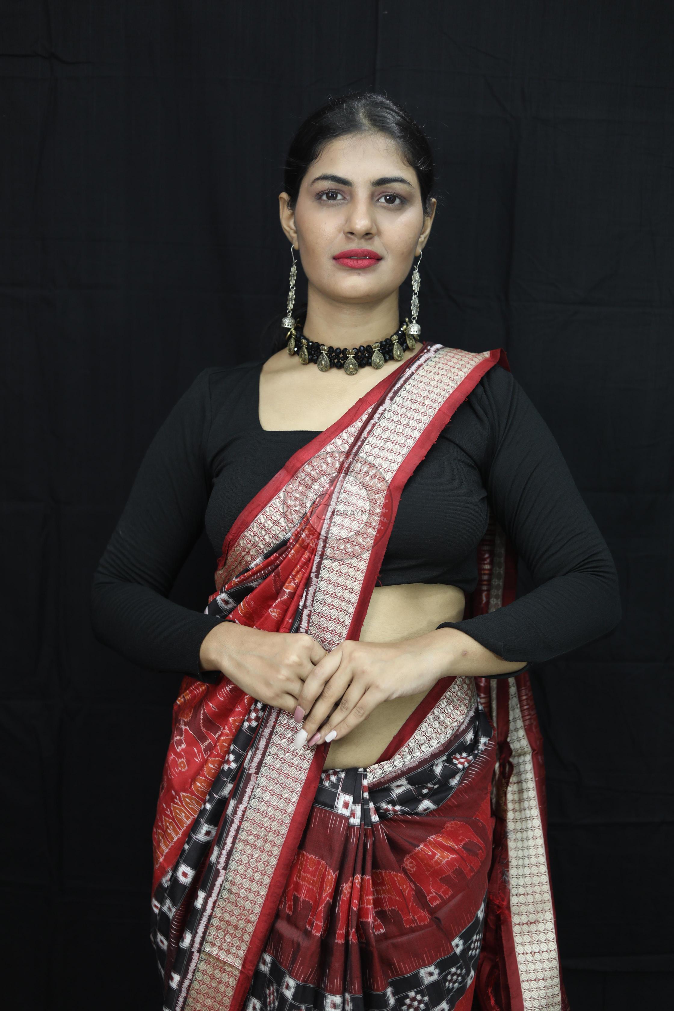 Maroon Pasapali Dual Elephants Sambalpuri Silk Saree