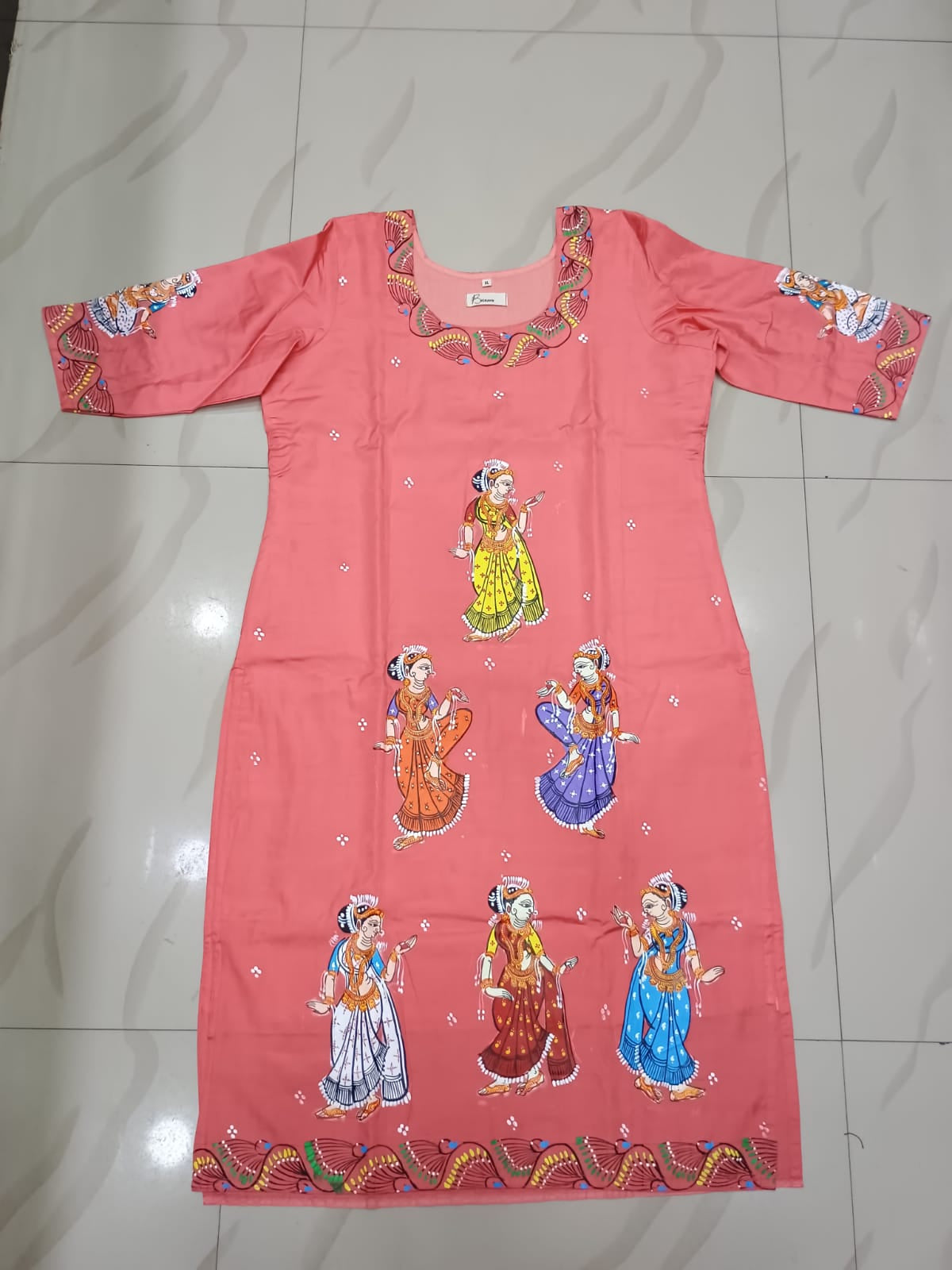 Peach Dancer Theme Hand Painted Pattachitra Khadi Silk Kurti