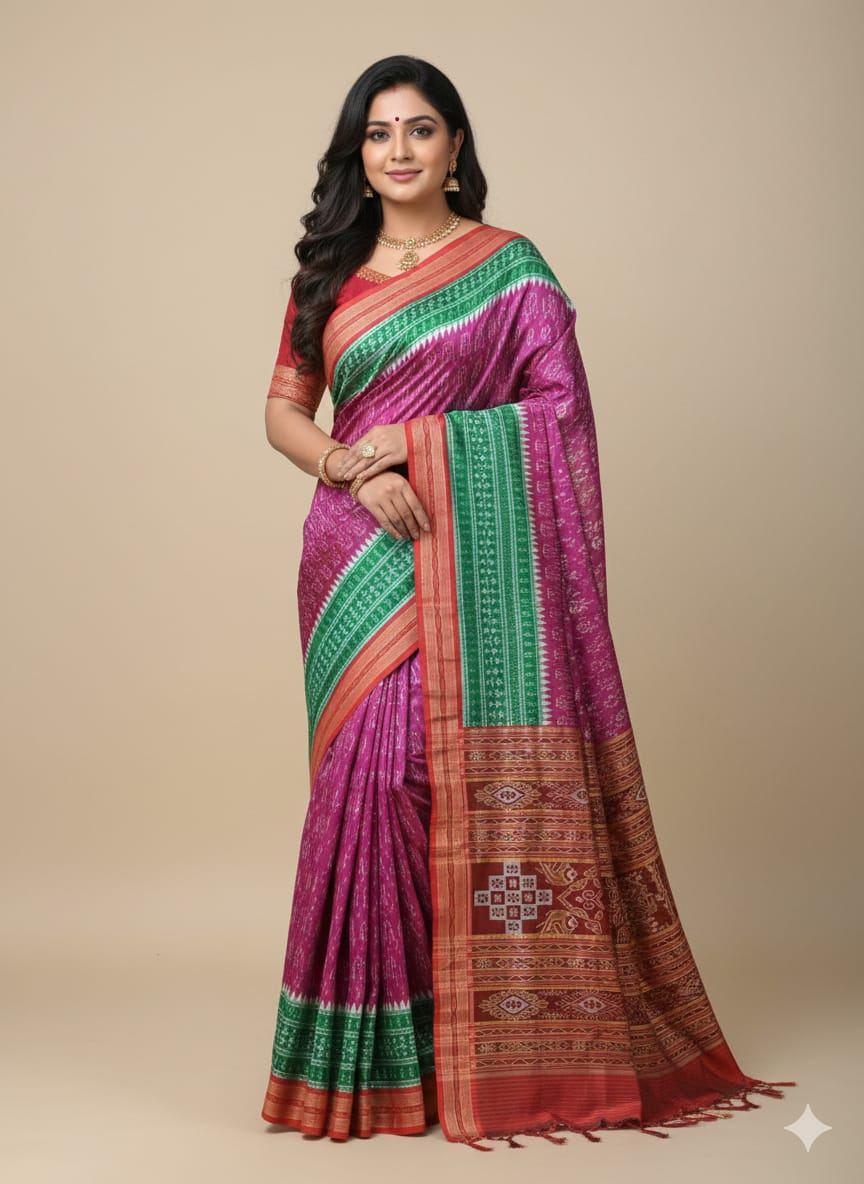 Green Magenta Red Half Half Tribal tree Design Khandua Silk Saree