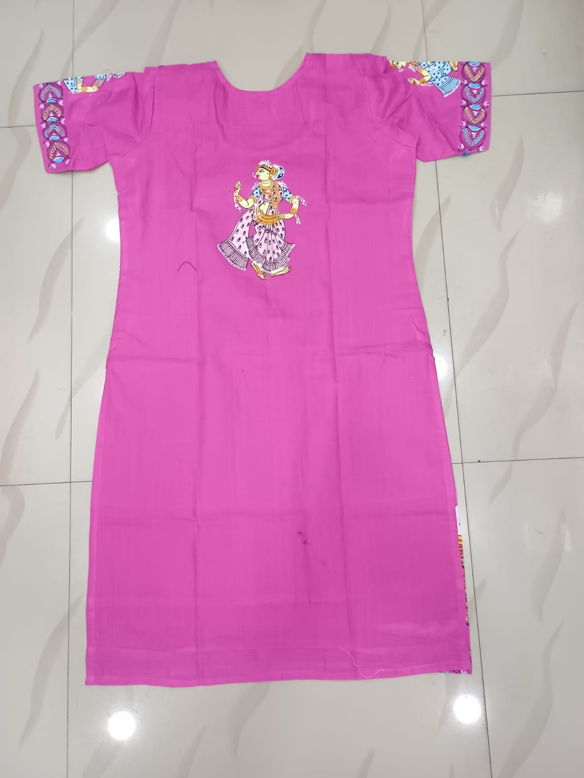 Pink Saraswti Bina And Dancer Theme Hand Painted Cotton Pattachitra Kurti