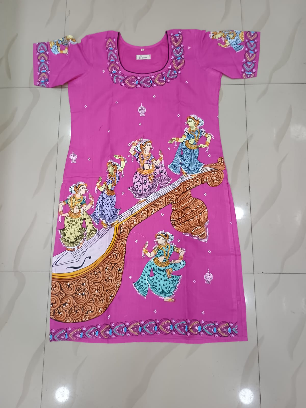 Pink Saraswti Bina And Dancer Theme Hand Painted Cotton Pattachitra Kurti