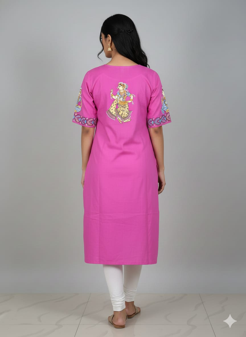 Pink Saraswti Bina And Dancer Theme Hand Painted Cotton Pattachitra Kurti