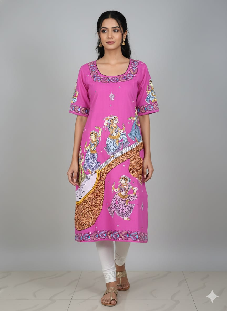 Pink Saraswti Bina And Dancer Theme Hand Painted Cotton Pattachitra Kurti