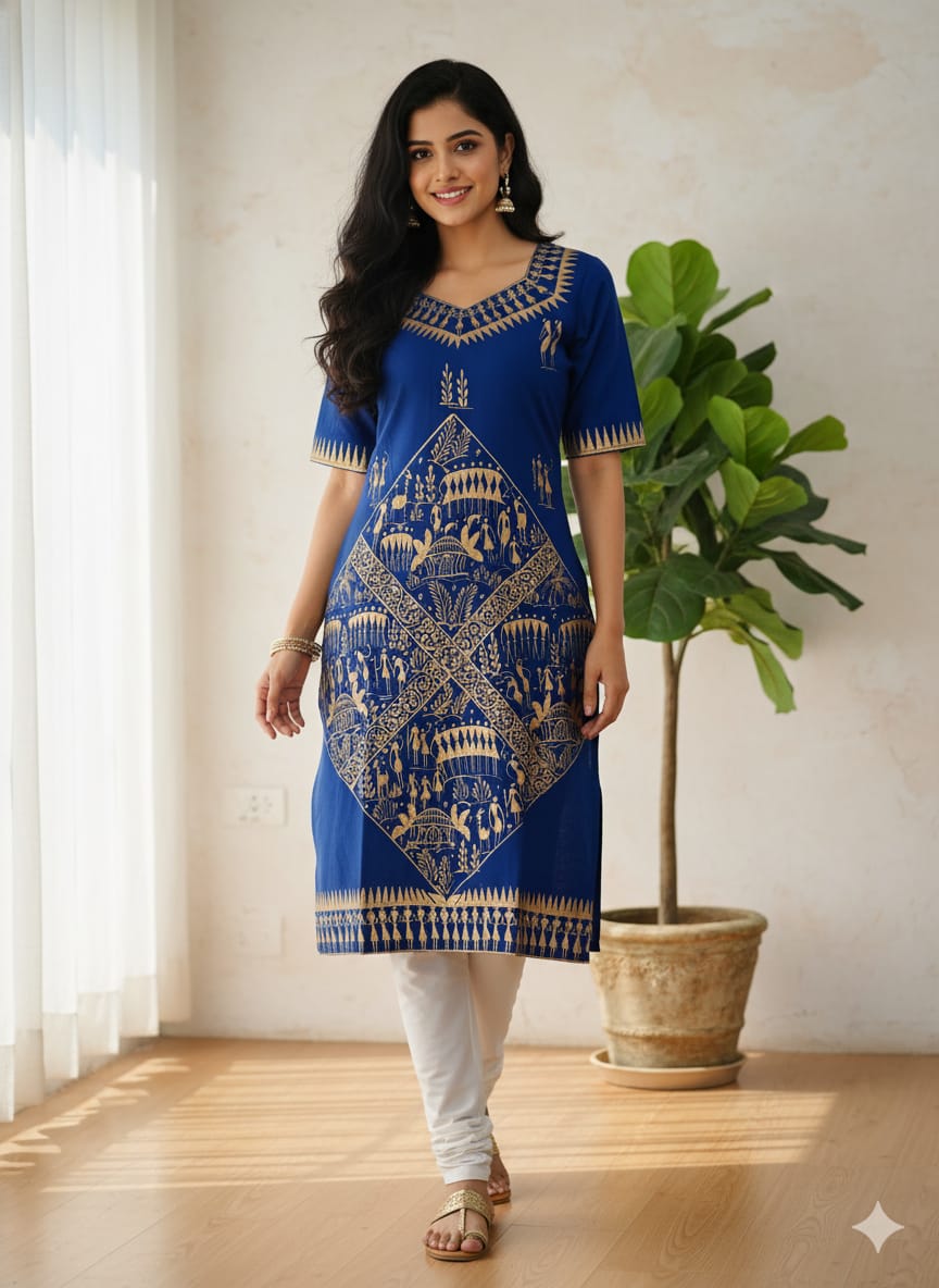 Navy Blue Tribal Family Art Hand Painted Cotton Pattachitra Kurti