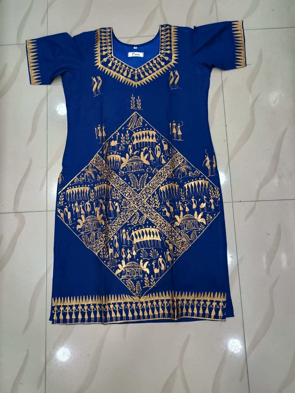 Navy Blue Tribal Family Art Hand Painted Cotton Pattachitra Kurti