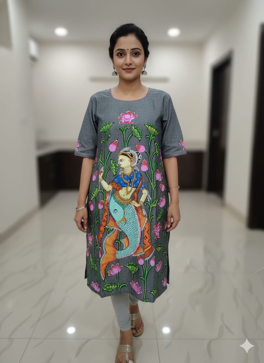 Grey Mastya Kanya Theme Hand Painted Cotton Pattachitra Kurti
