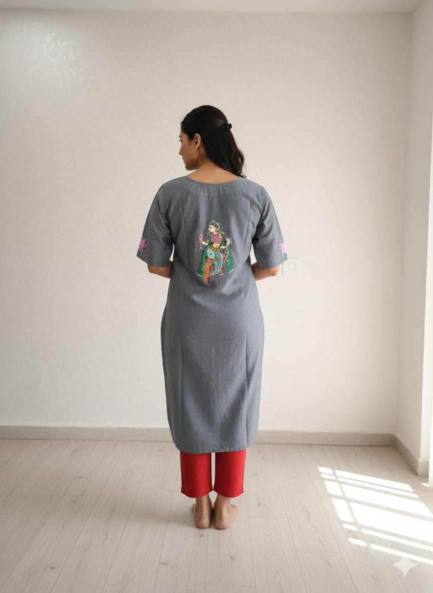 Grey Mastya Kanya Theme Hand Painted Cotton Pattachitra Kurti
