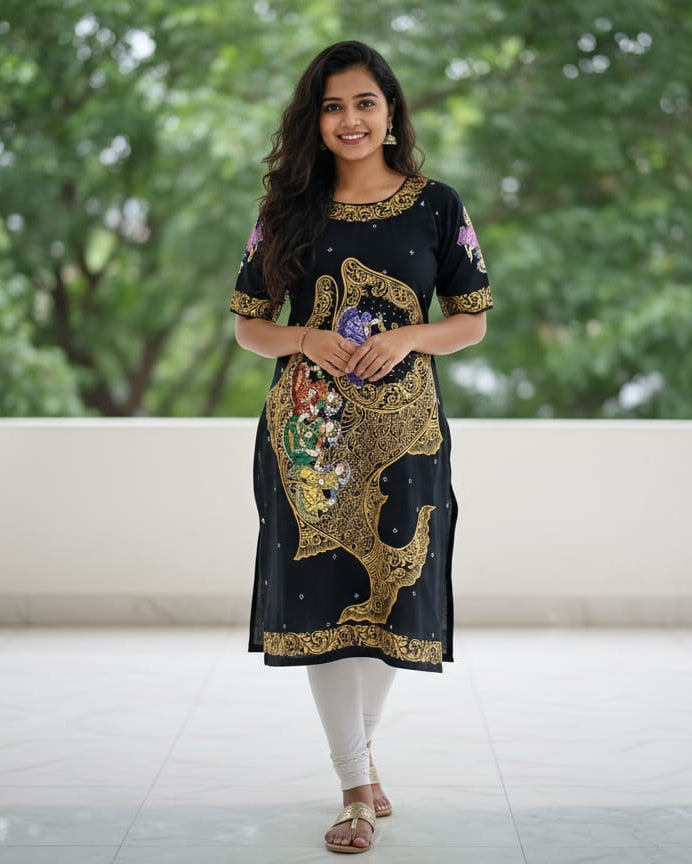 Black Kandarp Sankha Hand Painted Cotton Pattachitra Kurti