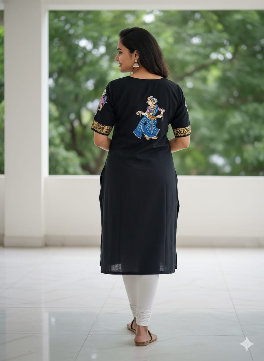 Black Kandarp Sankha Hand Painted Cotton Pattachitra Kurti