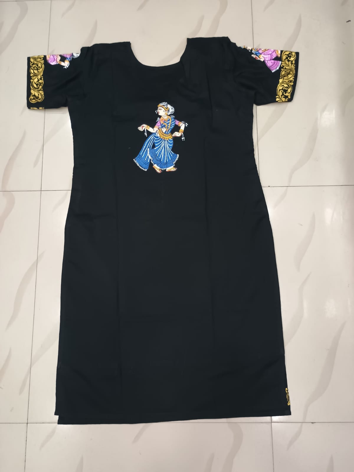 Black Kandarp Sankha Hand Painted Cotton Pattachitra Kurti