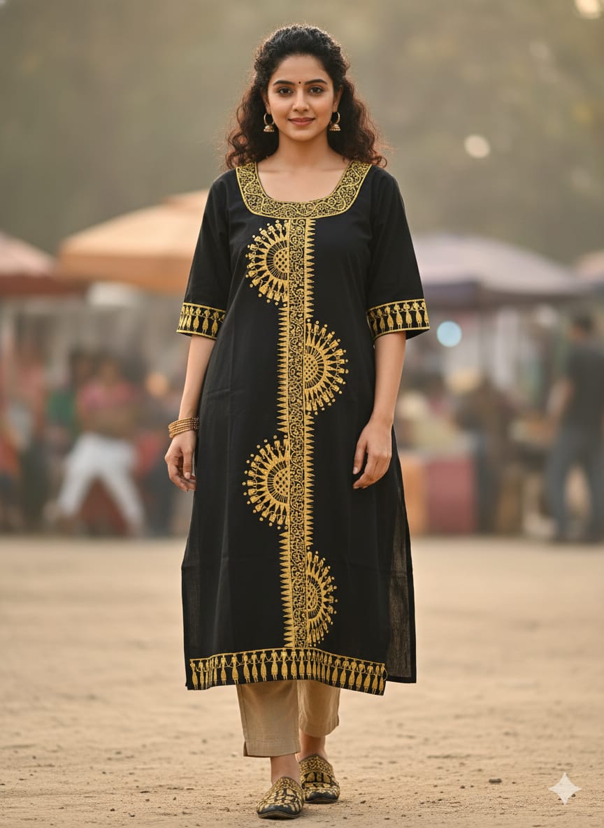 Black Half Tribal Chakra Art Hand Painted Cotton Pattachitra Kurti
