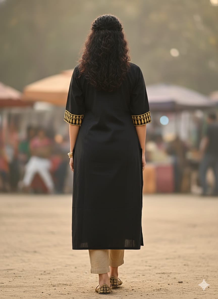 Black Half Tribal Chakra Art Hand Painted Cotton Pattachitra Kurti