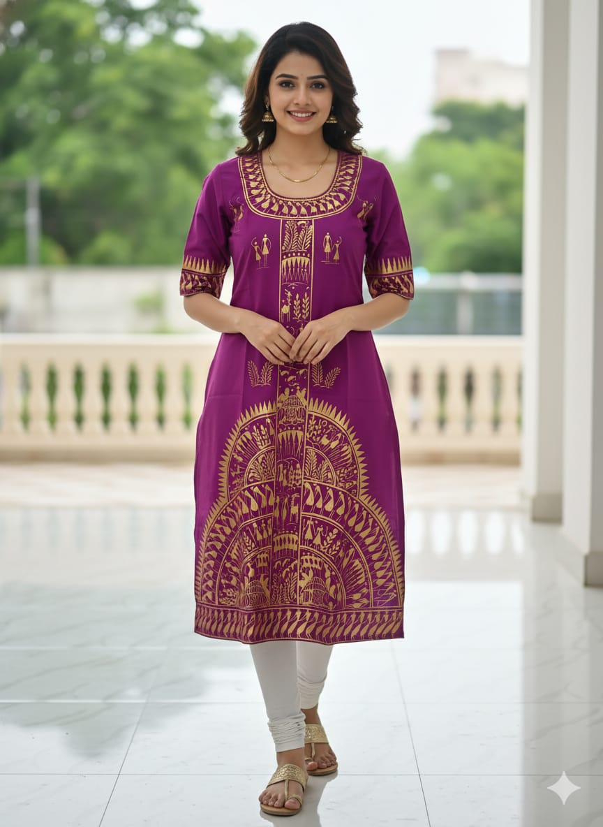 Purple Tribal Art Hand Painted Silk Pattachitra Kurti