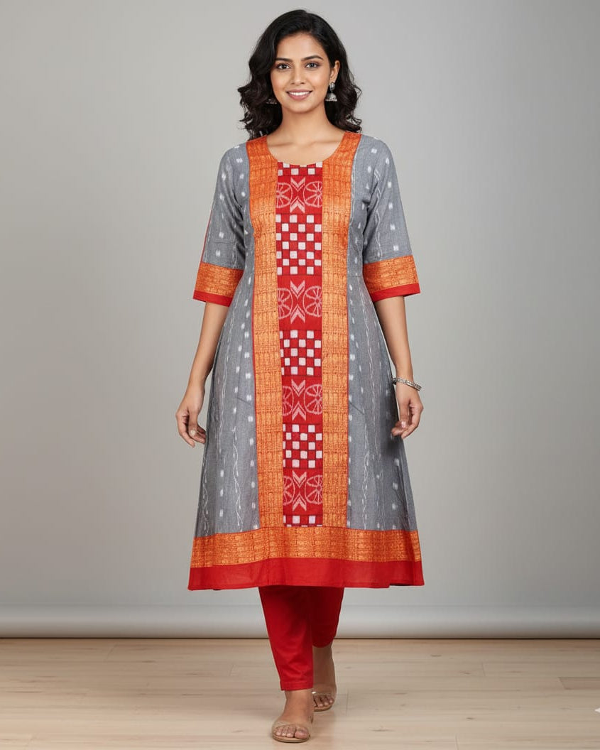 Grey Red Ikat Pasapali Designer A-Line Anarkali