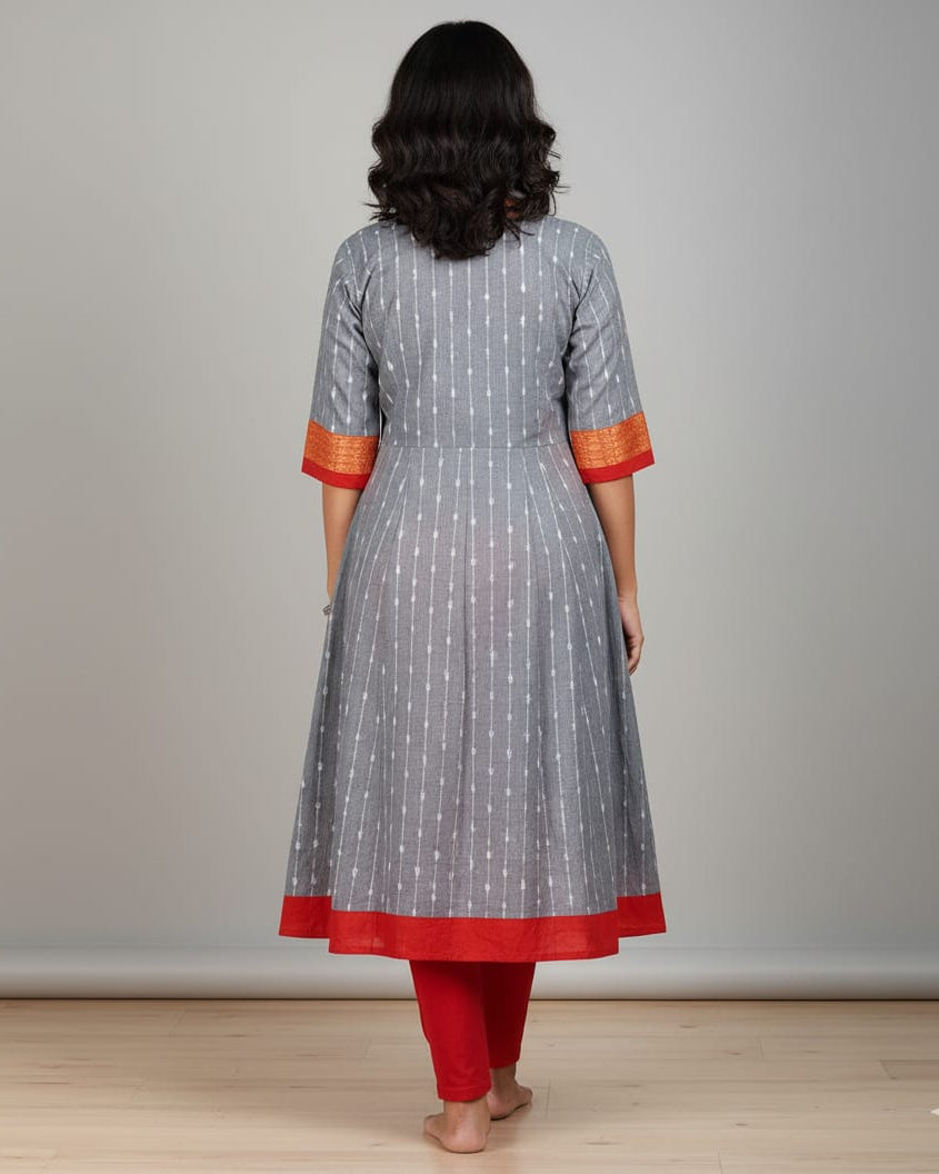 Grey Red Ikat Pasapali Designer A-Line Anarkali