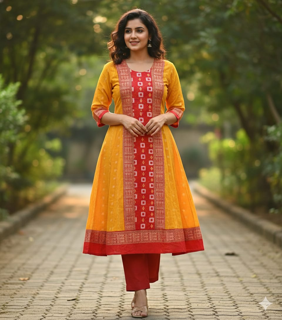 Yellow Red Ikat Pasapali Designer A-Line Anarkali